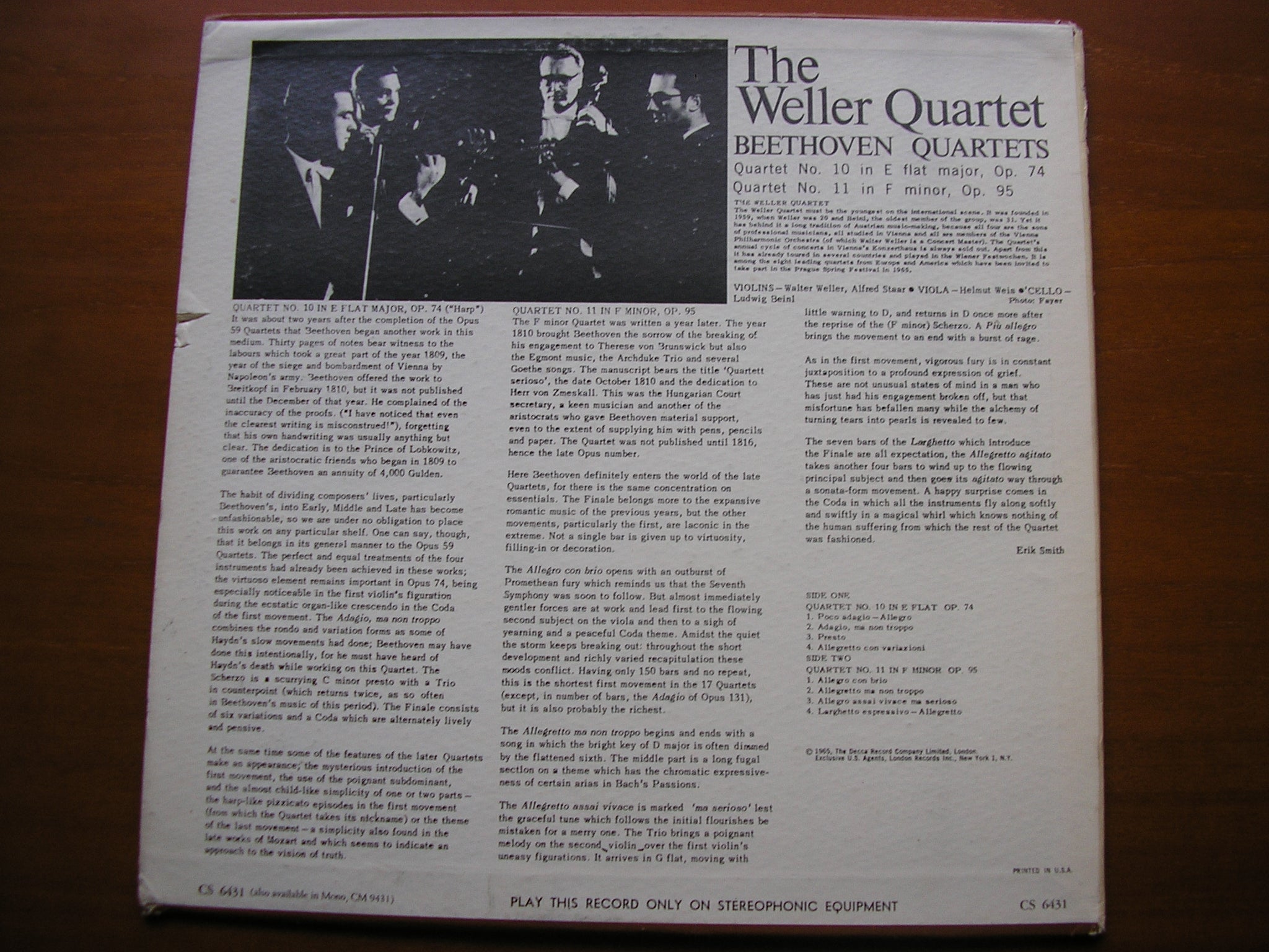 BEETHOVEN: STRING QUARTETS Nos. 10 in E / 11 in F      THE WELLER QUARTET     CS 6431