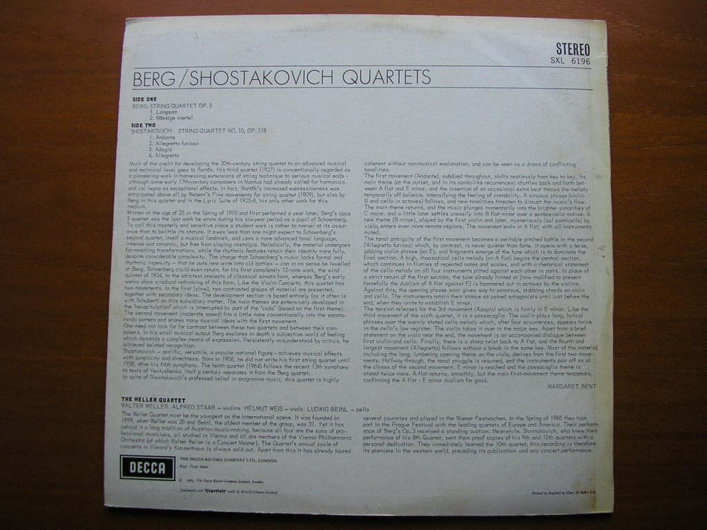 SXL 6196 BERG: STRING QUARTET Op. 3 / SHOSTAKOVICH: QUARTET No. 10 THE WELLER QUARTET