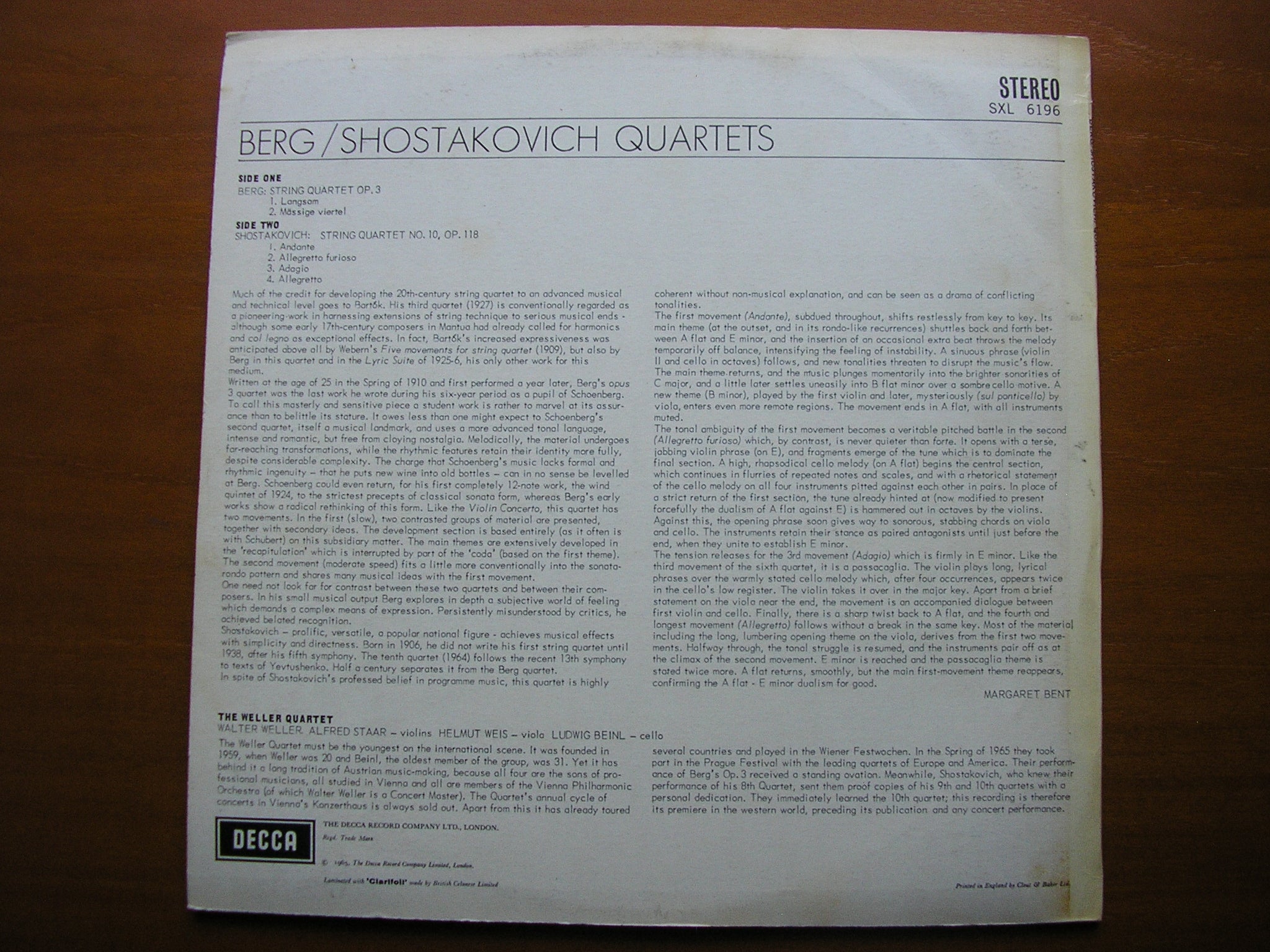 SXL 6196 BERG: STRING QUARTET Op. 3 / SHOSTAKOVICH: QUARTET No. 10 THE WELLER QUARTET