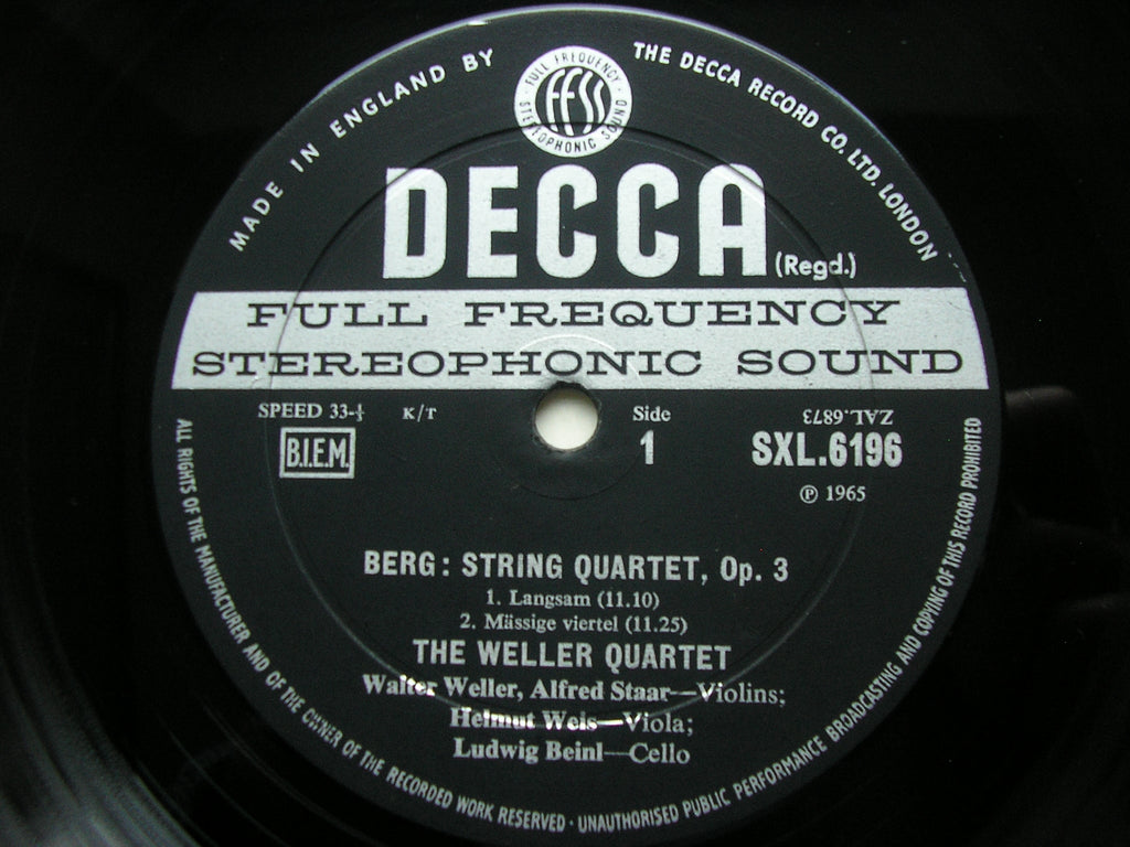 SXL 6196 BERG: STRING QUARTET Op. 3 / SHOSTAKOVICH: QUARTET No. 10 THE WELLER QUARTET