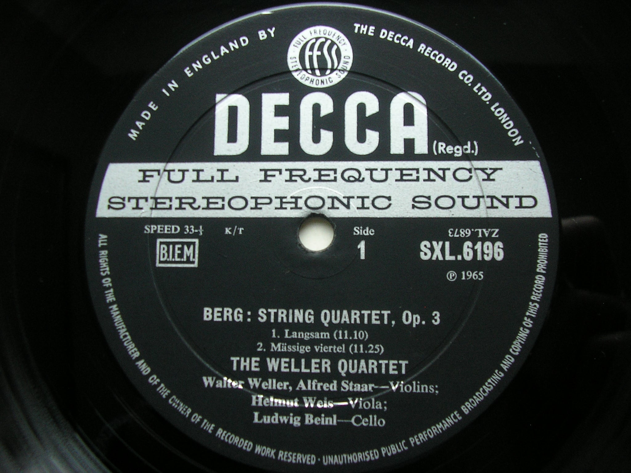 SXL 6196 BERG: STRING QUARTET Op. 3 / SHOSTAKOVICH: QUARTET No. 10 THE WELLER QUARTET