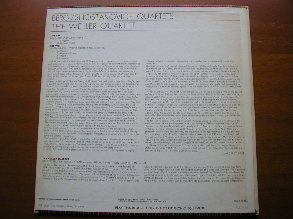 BERG: STRING QUARTET Op. 3 / SHOSTAKOVICH: QUARTET No. 10      THE WELLER QUARTET     CS 6464