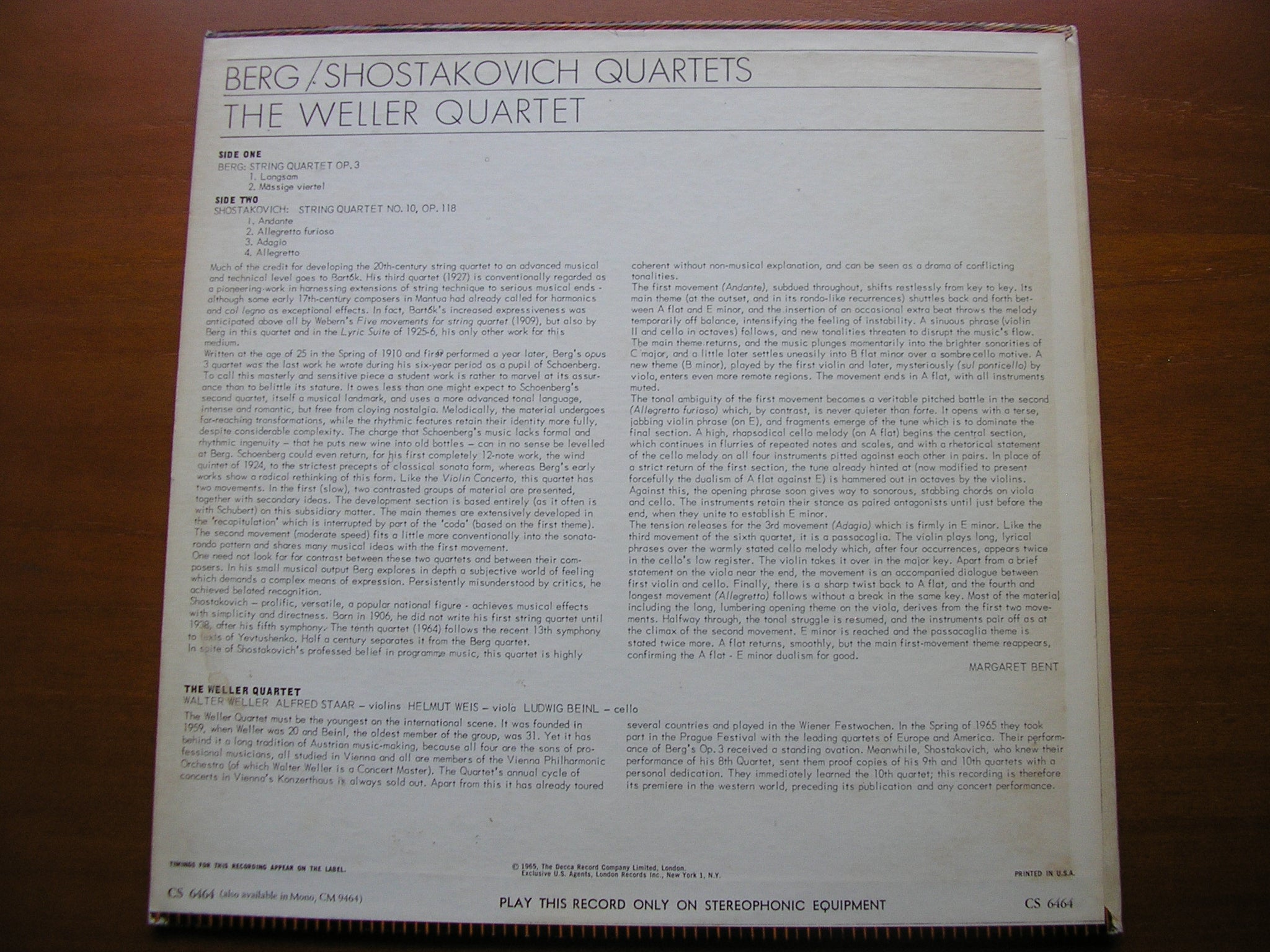 BERG: STRING QUARTET Op. 3 / SHOSTAKOVICH: QUARTET No. 10      THE WELLER QUARTET     CS 6464