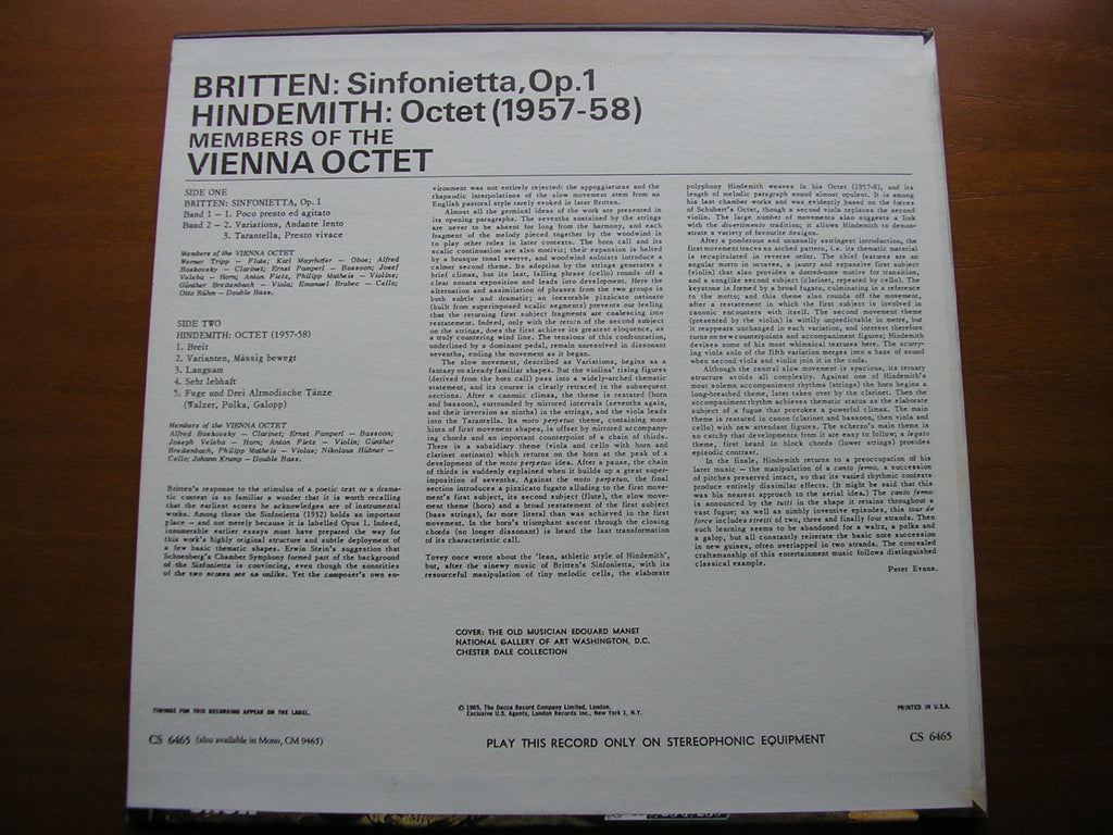 BRITTEN: SINFONIETTA Op. 1 / HINDEMITH: OCTET       THE VIENNA OCTET        CS 6465