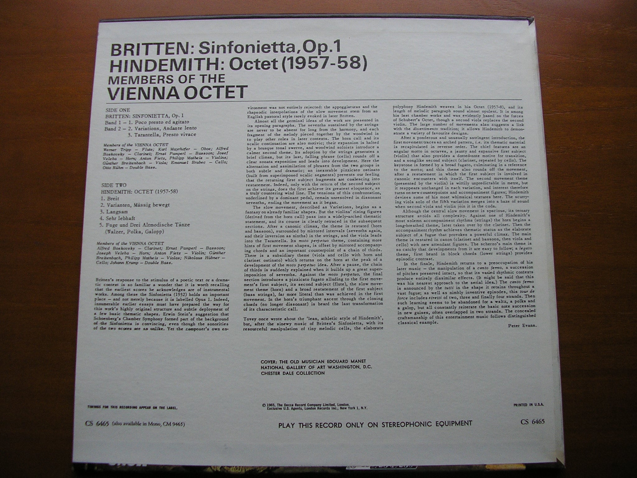 BRITTEN: SINFONIETTA Op. 1 / HINDEMITH: OCTET       THE VIENNA OCTET        CS 6465