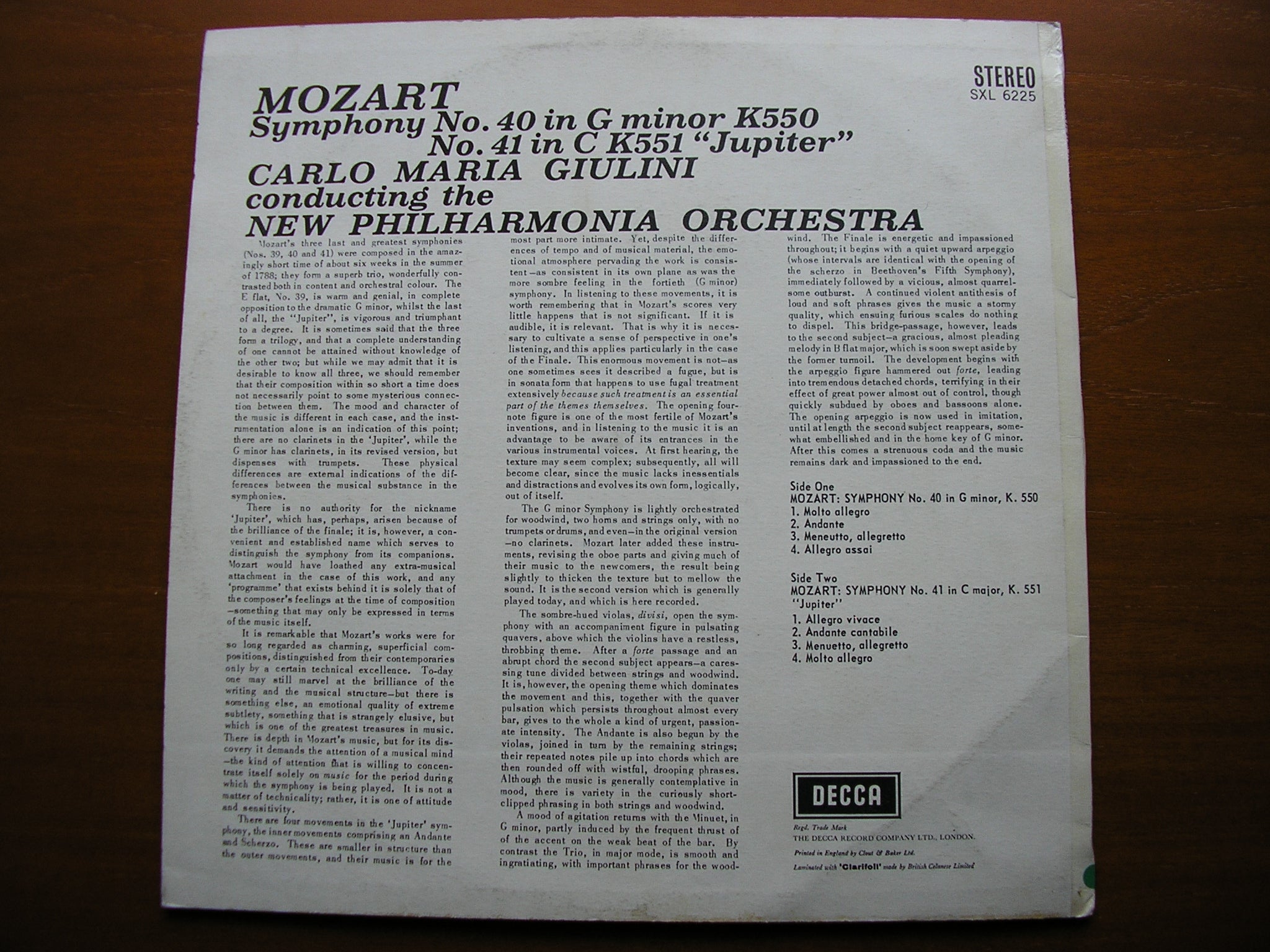 SXL 6225 MOZART: SYMPHONIES Nos. 40 & 41 'Jupiter' GIULINI / NEW PHILHARMONIA
