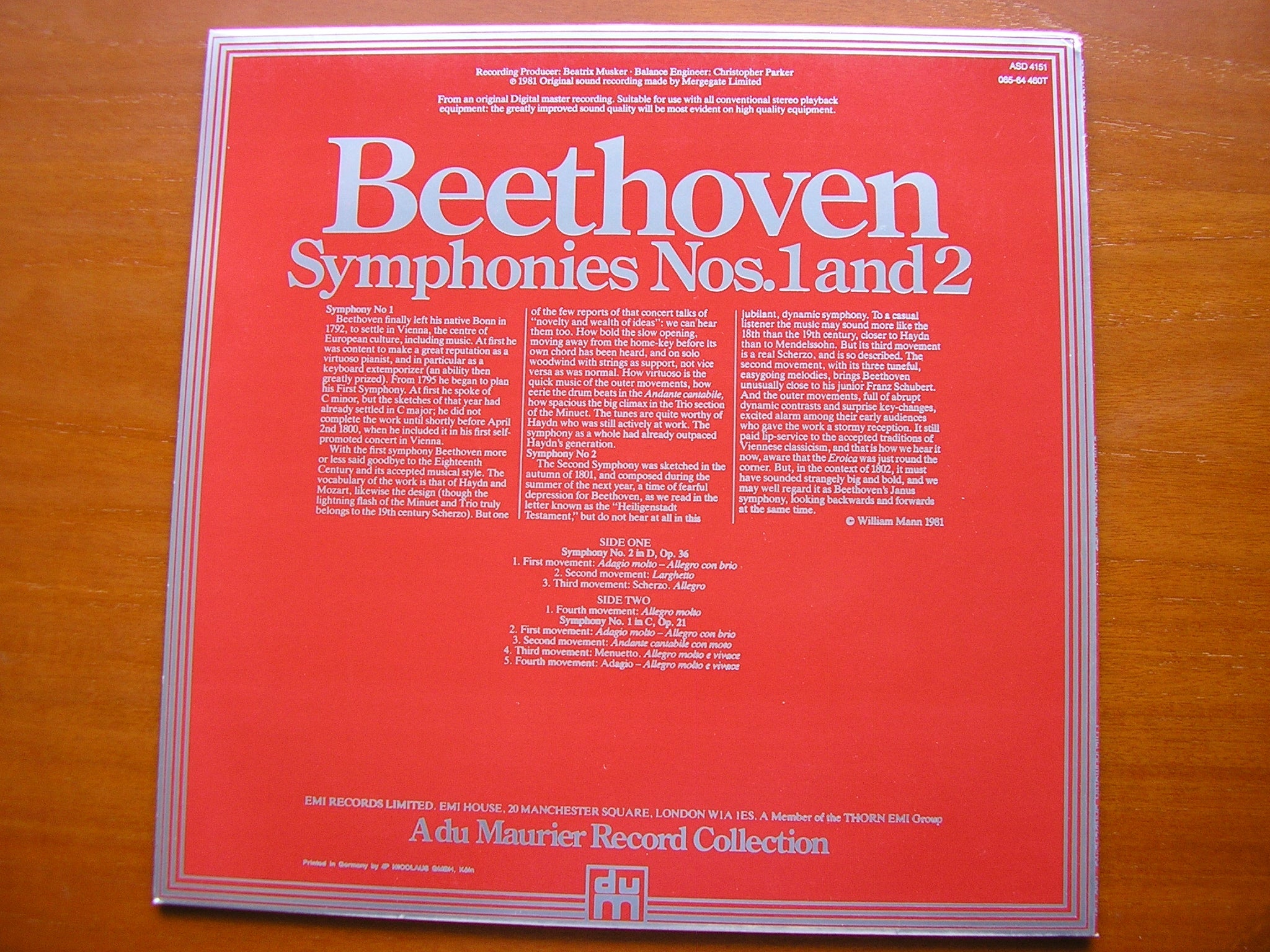 BEETHOVEN: SYMPHONIES Nos. 1 & 2    SANDERLING / PHILHARMONIA    ASD 4151