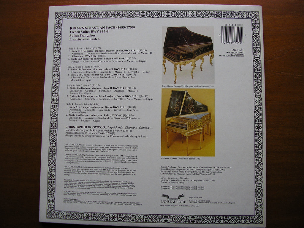 BACH: FRENCH SUITES BWV 812 - 819   CHRISTOPHER HOGWOOD   2 LP    411 811