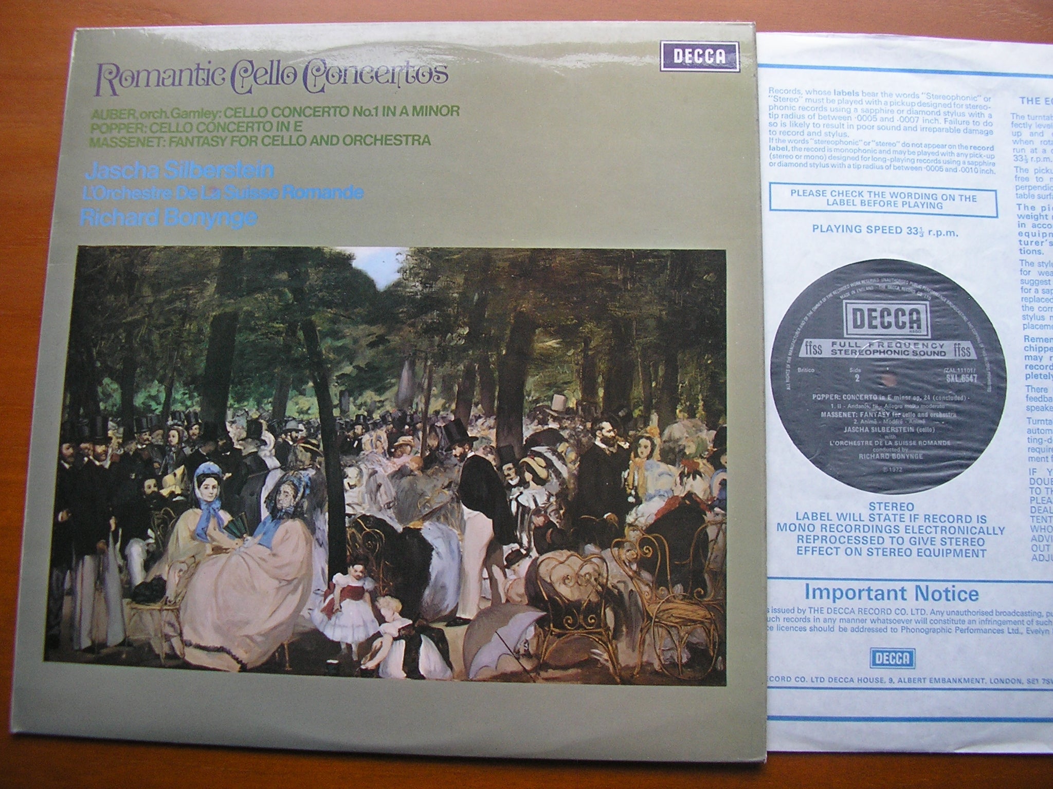SXL 6547 ROMANTIC CELLO CONCERTOS: POPPER / AUBER / MASSENET SILBERSTEIN / SUISSE ROMANDE / BONYNGE