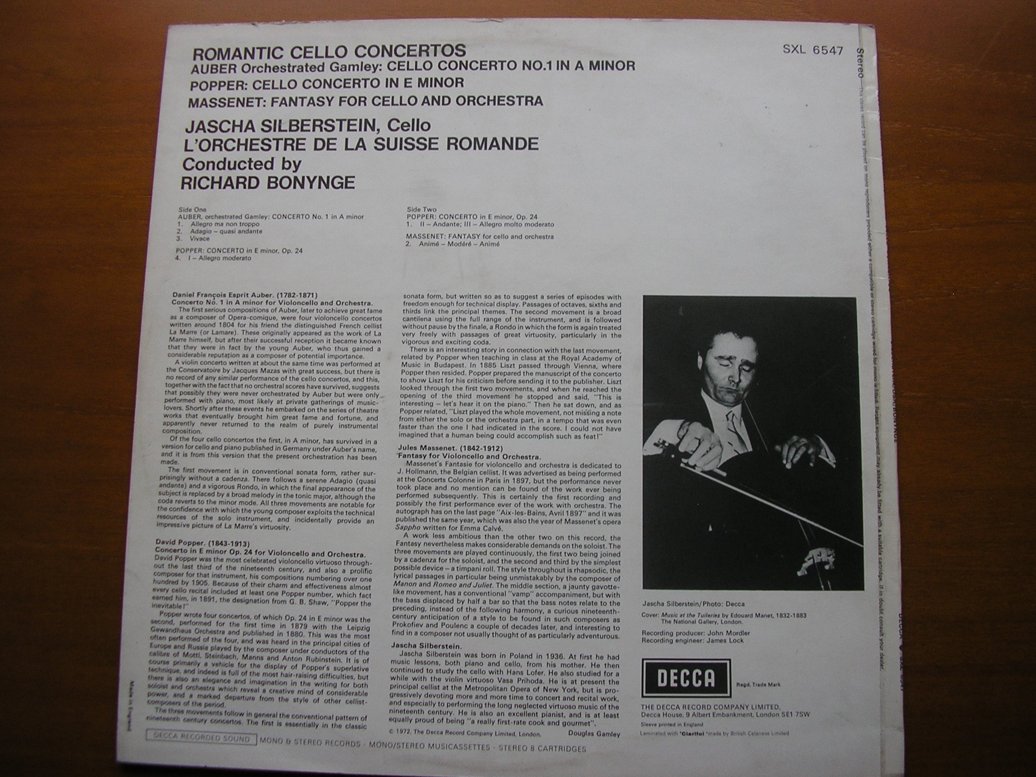 SXL 6547 ROMANTIC CELLO CONCERTOS: POPPER / AUBER / MASSENET SILBERSTEIN / SUISSE ROMANDE / BONYNGE