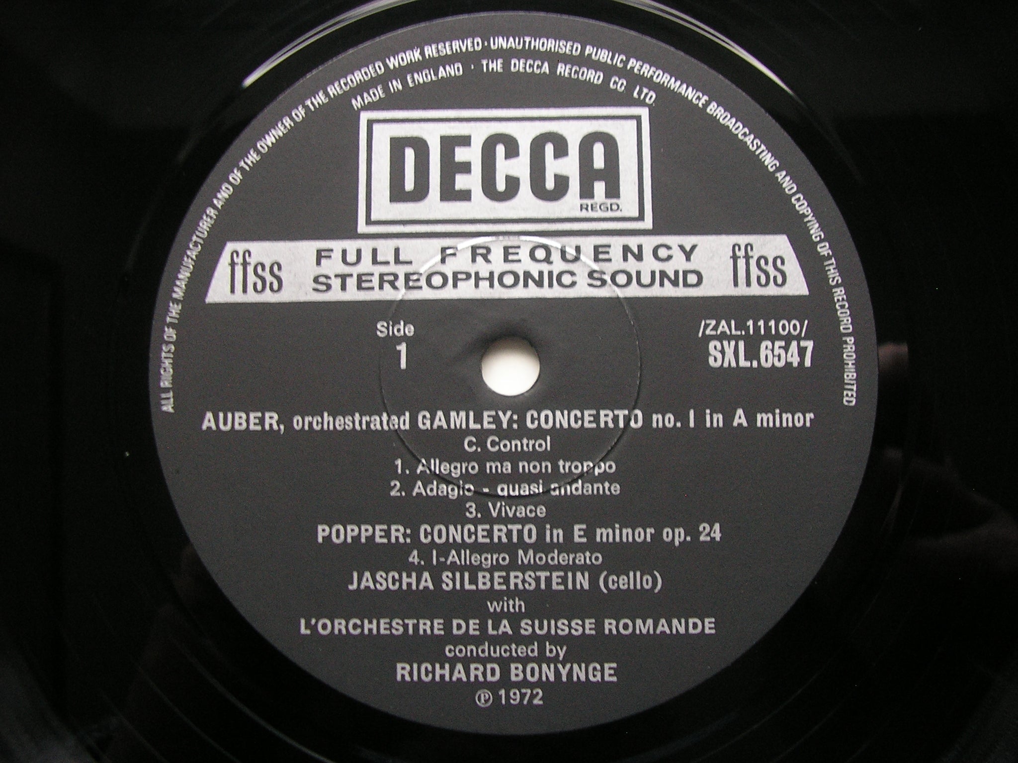 SXL 6547 ROMANTIC CELLO CONCERTOS: POPPER / AUBER / MASSENET SILBERSTEIN / SUISSE ROMANDE / BONYNGE