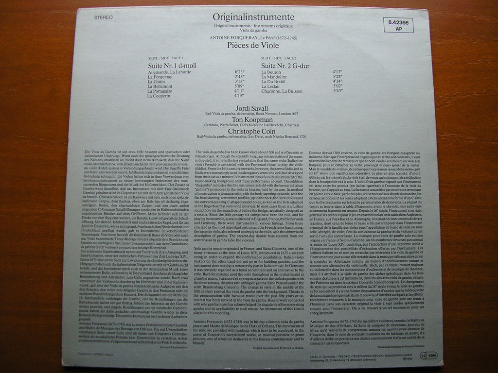 MUSIC FOR VIOLA DA GAMBA BY FORQUERAY     SAVALL / KOOPMAN / COIN   6.42366