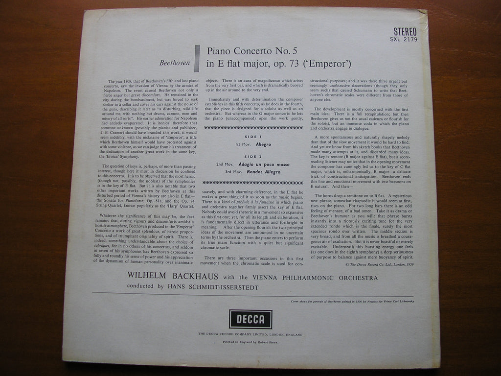 SXL 2179 BEETHOVEN: PIANO CONCERTO No. 5 'Emperor' BACKHAUS / VIENNA PHILHARMONIC / SCHMIDT-ISSERSTEDT