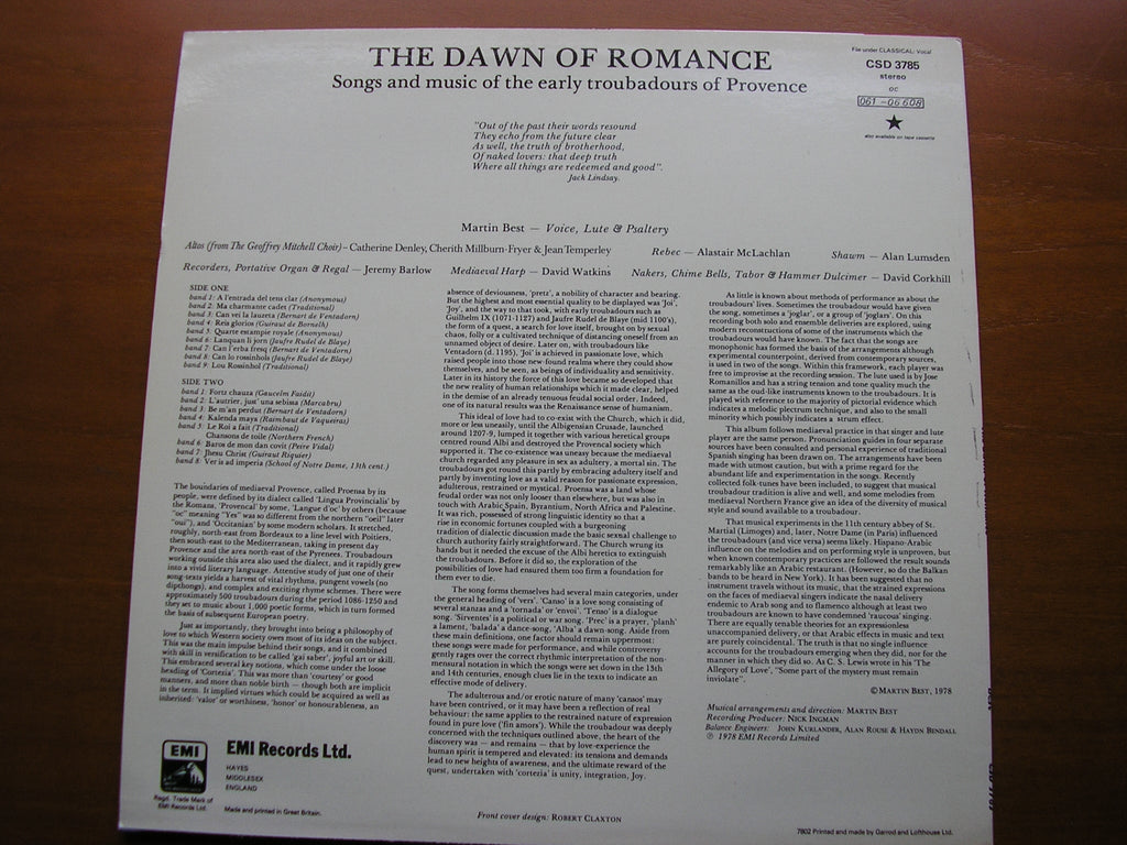 THE DAWN OF ROMANCE: SONGS & MUSIC OF THE EARLY TROUBADORS OF PROVENCE        MARTIN BEST   CSD 3785