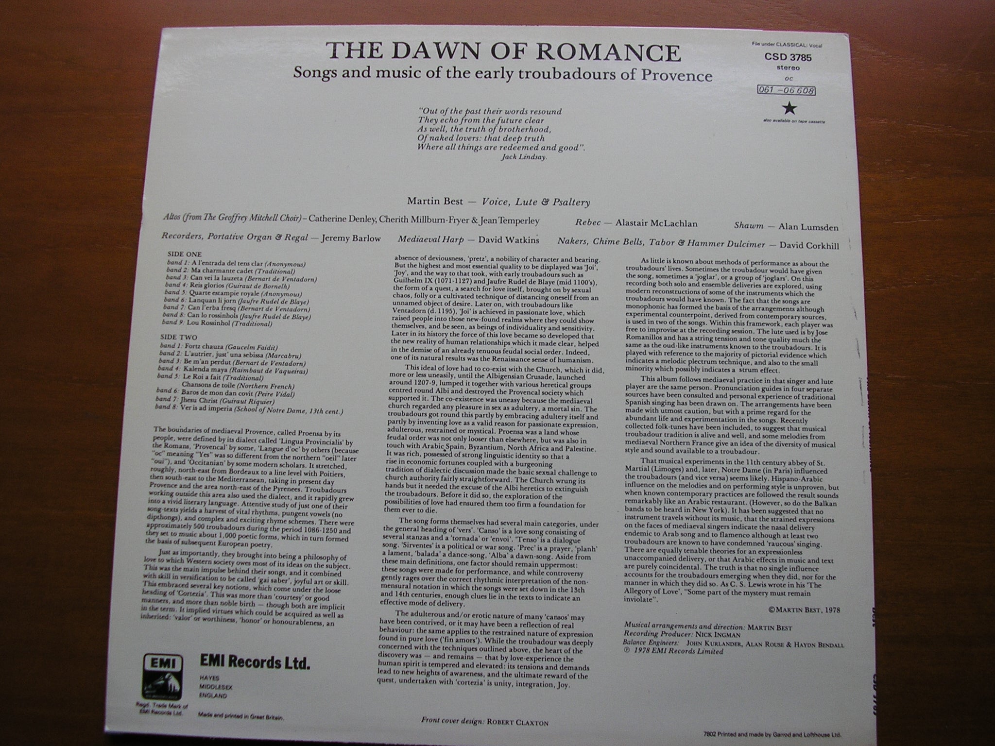 THE DAWN OF ROMANCE: SONGS & MUSIC OF THE EARLY TROUBADORS OF PROVENCE        MARTIN BEST   CSD 3785