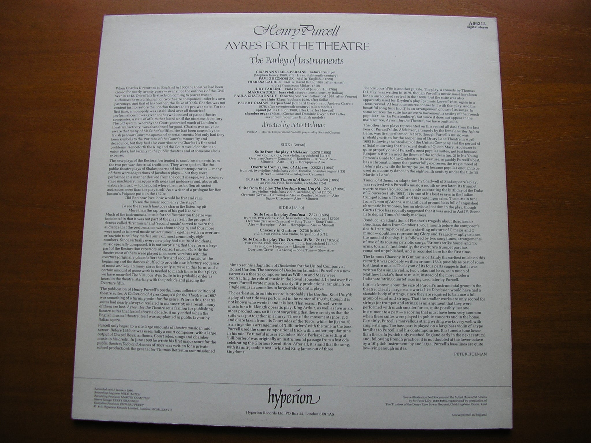 PURCELL: AYRES FOR THE THEATRE      THE PARLEY OF INSTRUMENTS / HOLMAN     A66212