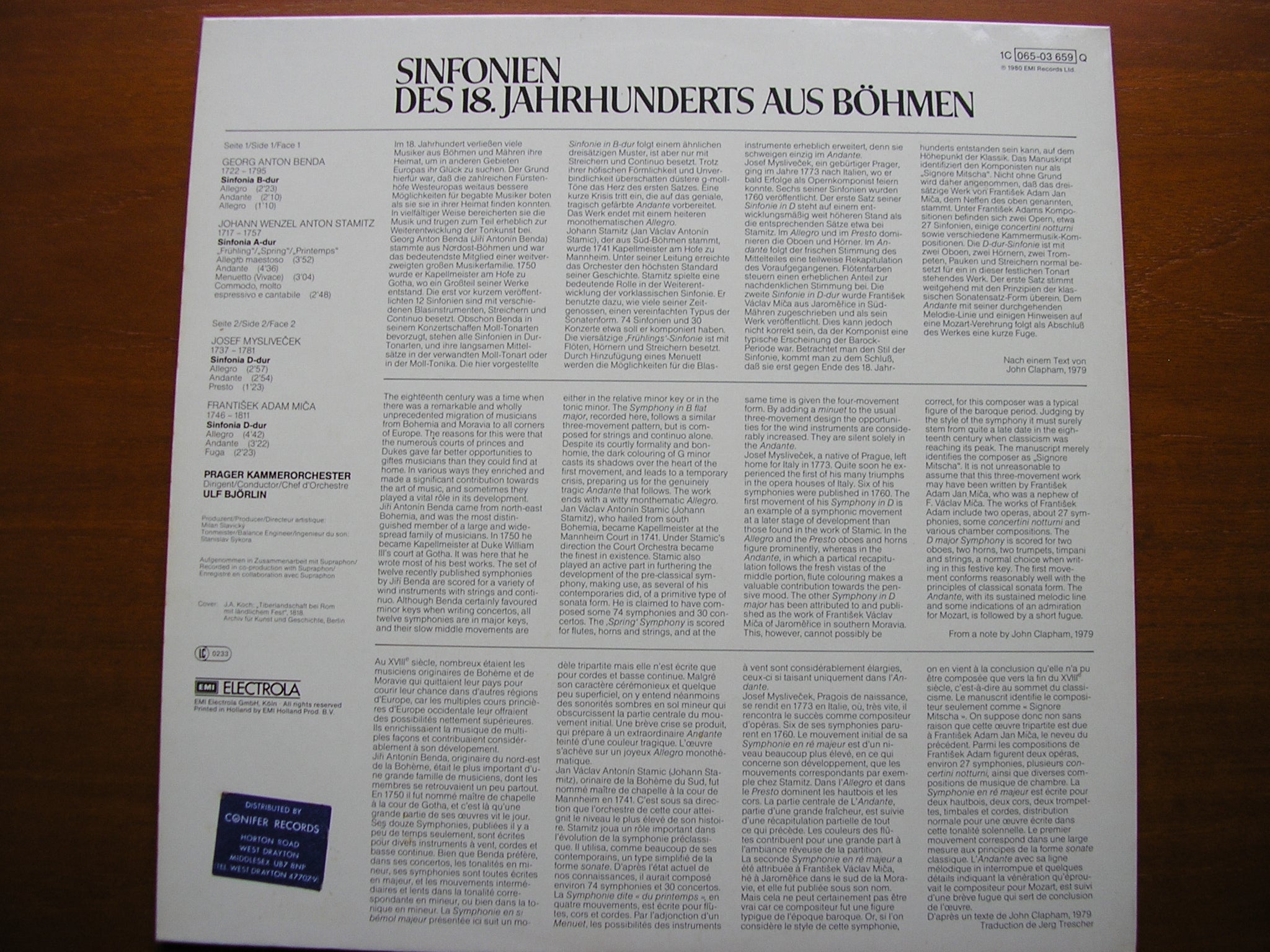 BOHEMIAN SYMPHONIES OF THE 18th CENTURY: BENDA / STAMITZ / MYSLIVECEK / MICA    PRAGUE CHAMBER ORCHESTRA / BJORLIN   065 03 659