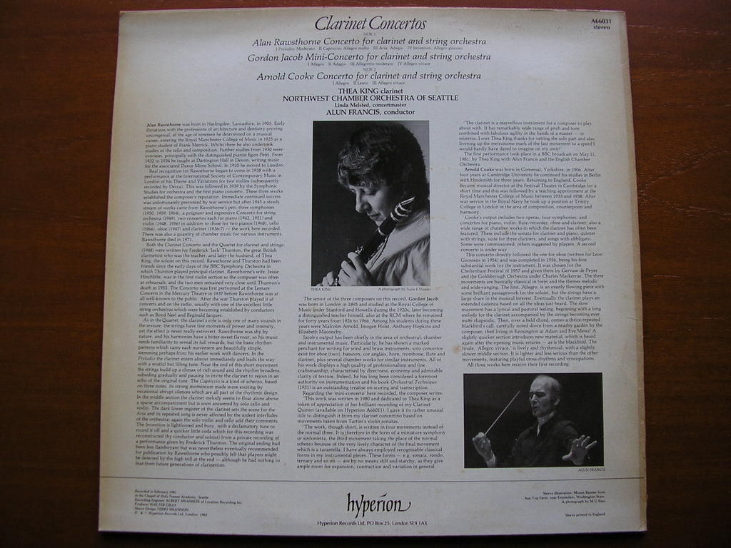 CLARINET CONCERTOS BY RAWSTHORNE / JACOB / COOKE     THEA KING / NORTHWEST CHAMBER ORCHESTRA / FRANCIS     A66031