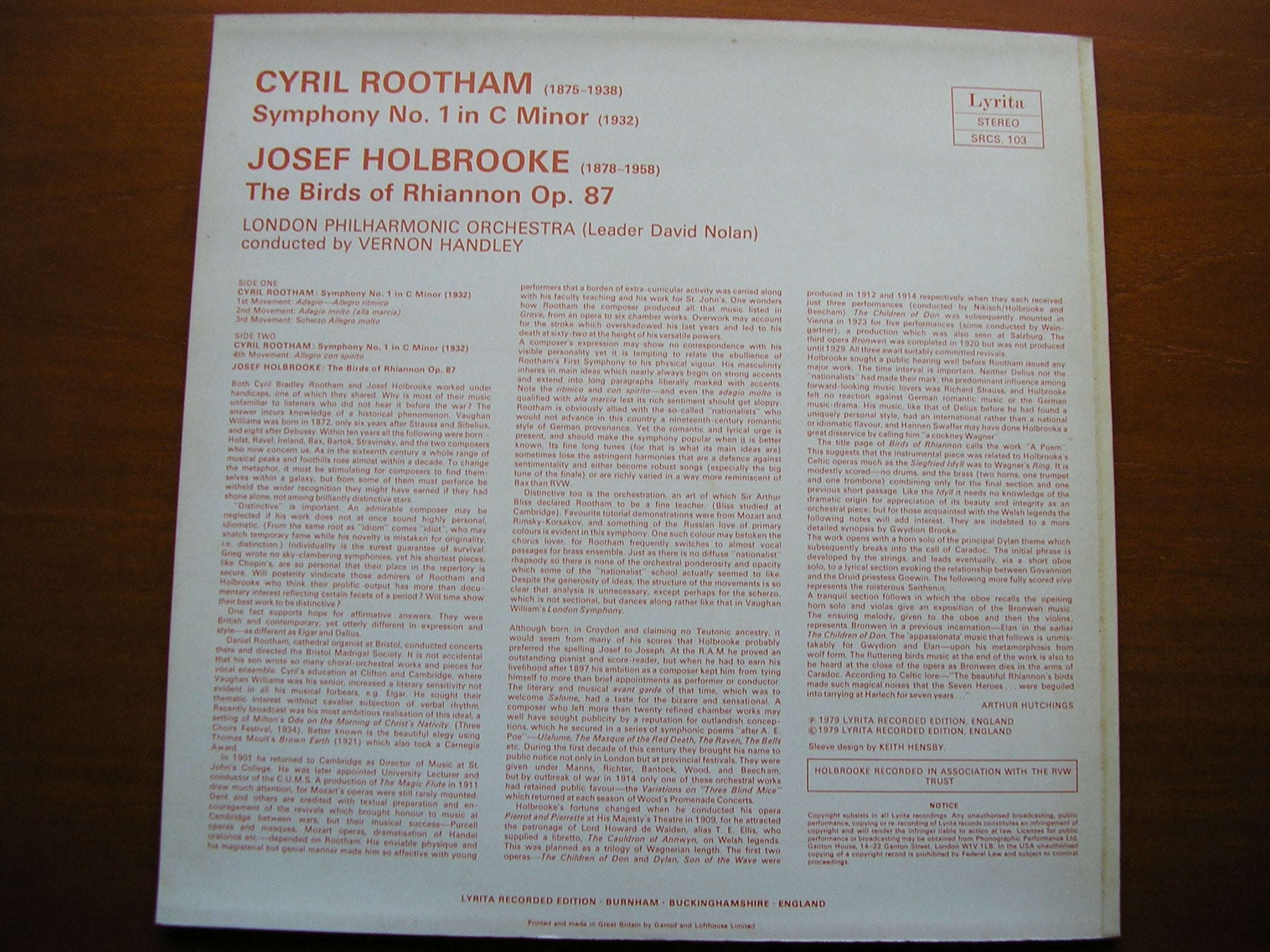 ROOTHAM: SYMPHONY No. 1 / HOLBROOKE: THE BIRDS OF RHIANNON   VERNON HANDLEY / LONDON PHILHARMONIC    SRCS 103