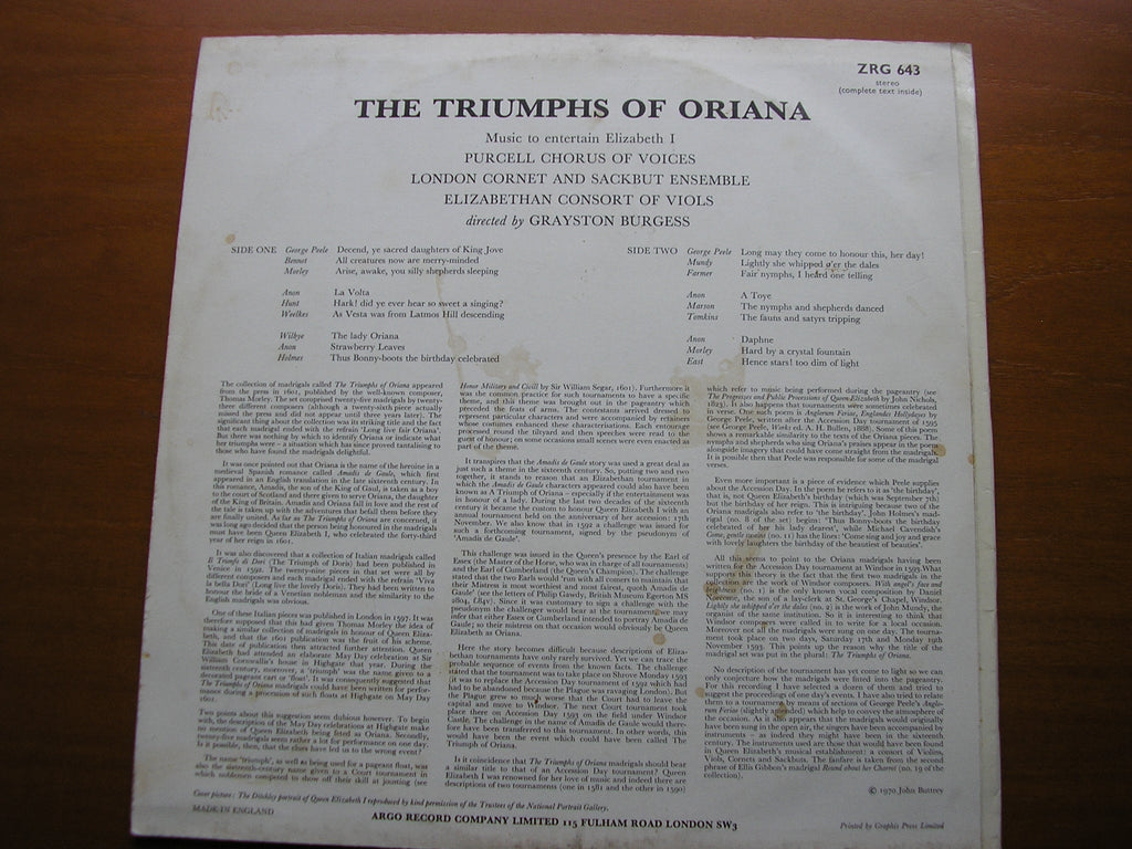 THE TRIUMPHS OF ORIANA    PURCELL CONSORT OF VOICES / LONDON CORNET & SACKBUT ENSEMBLE / ELIZABETHAN CONSORT OF VIOLS / BURGESS     ZRG 643