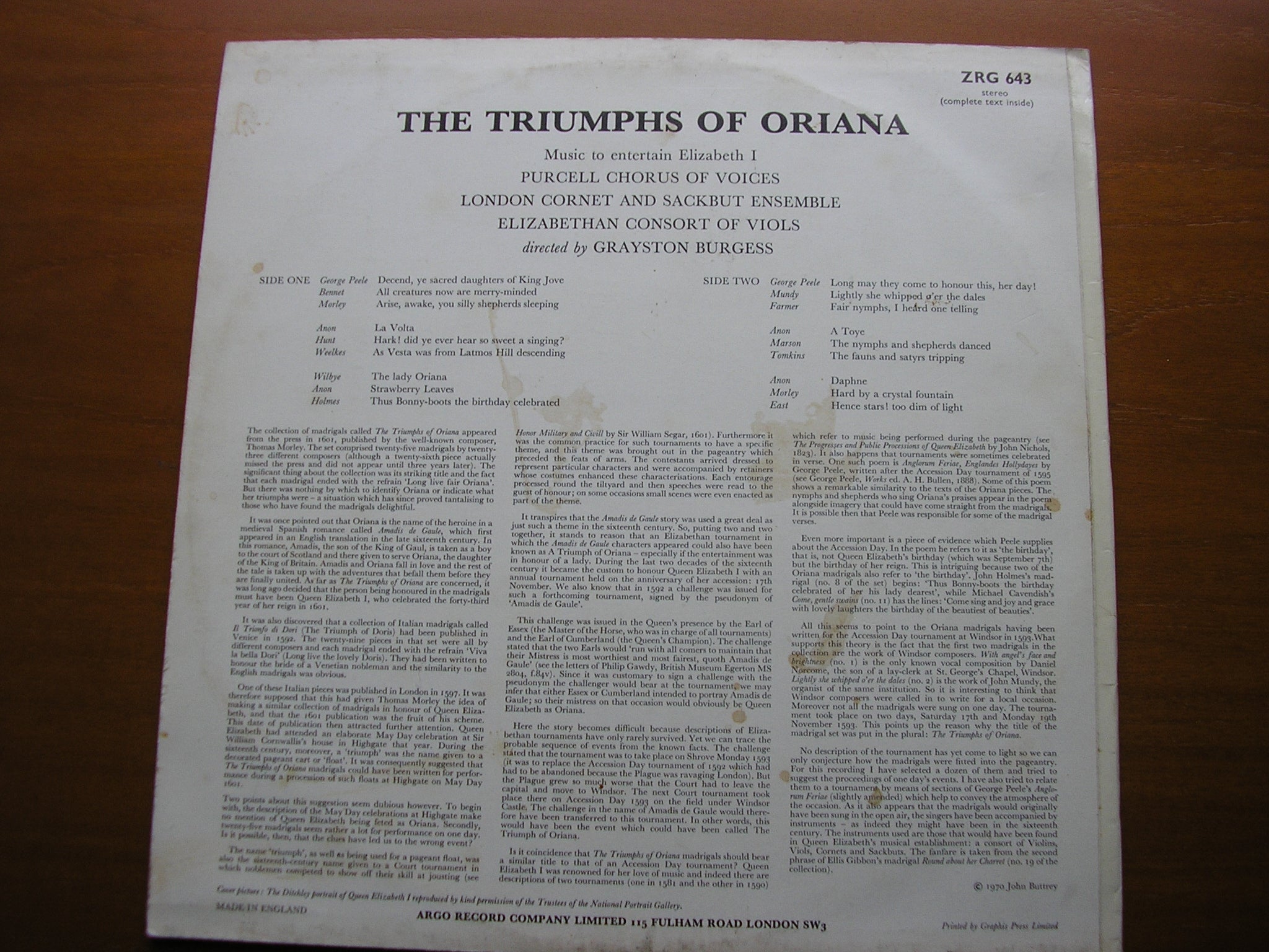 THE TRIUMPHS OF ORIANA    PURCELL CONSORT OF VOICES / LONDON CORNET & SACKBUT ENSEMBLE / ELIZABETHAN CONSORT OF VIOLS / BURGESS     ZRG 643