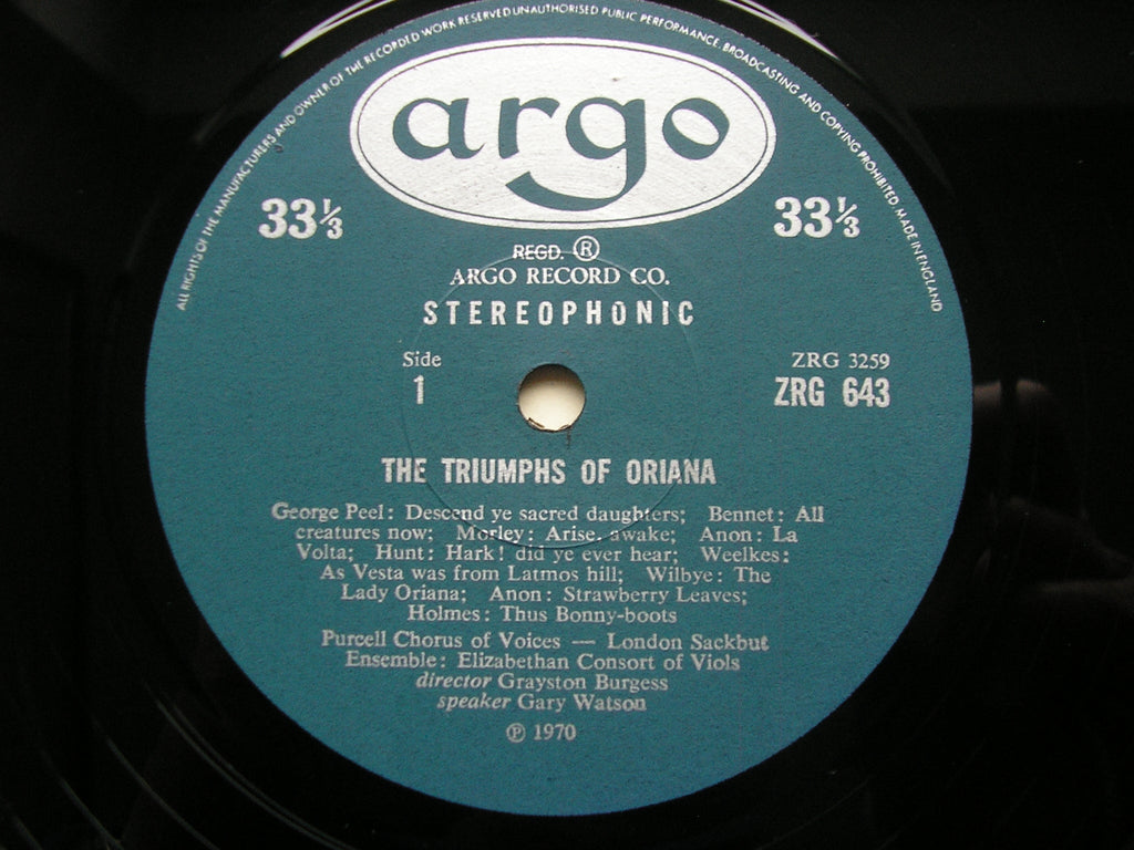 THE TRIUMPHS OF ORIANA    PURCELL CONSORT OF VOICES / LONDON CORNET & SACKBUT ENSEMBLE / ELIZABETHAN CONSORT OF VIOLS / BURGESS     ZRG 643
