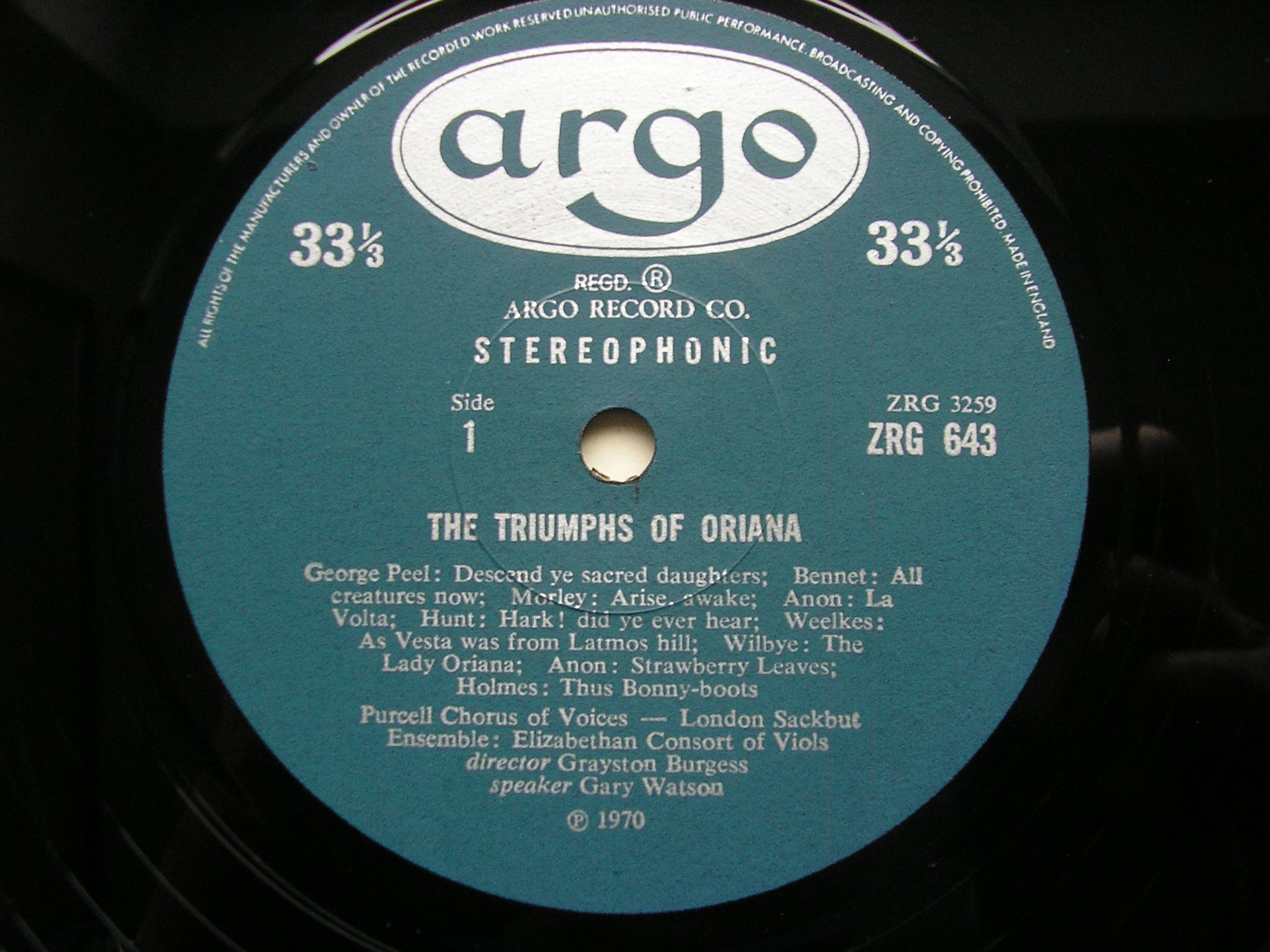 THE TRIUMPHS OF ORIANA    PURCELL CONSORT OF VOICES / LONDON CORNET & SACKBUT ENSEMBLE / ELIZABETHAN CONSORT OF VIOLS / BURGESS     ZRG 643