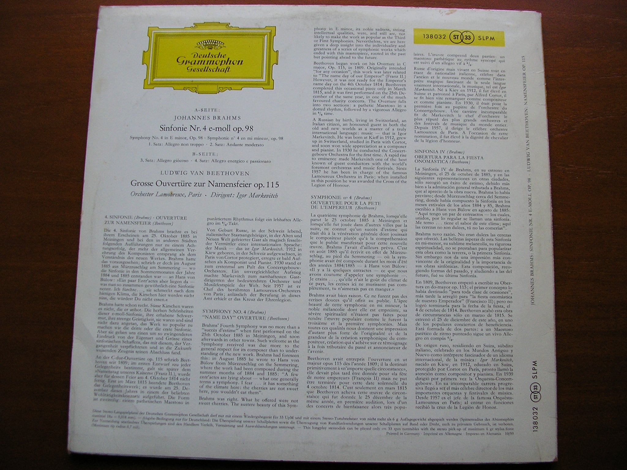 BRAHMS: SYMPHONY No. 4 / BEETHOVEN: OVERTURE 'Namensfeier'    LAMOUREUX ORCHESTRA / IGOR MARKEVITCH   138 032