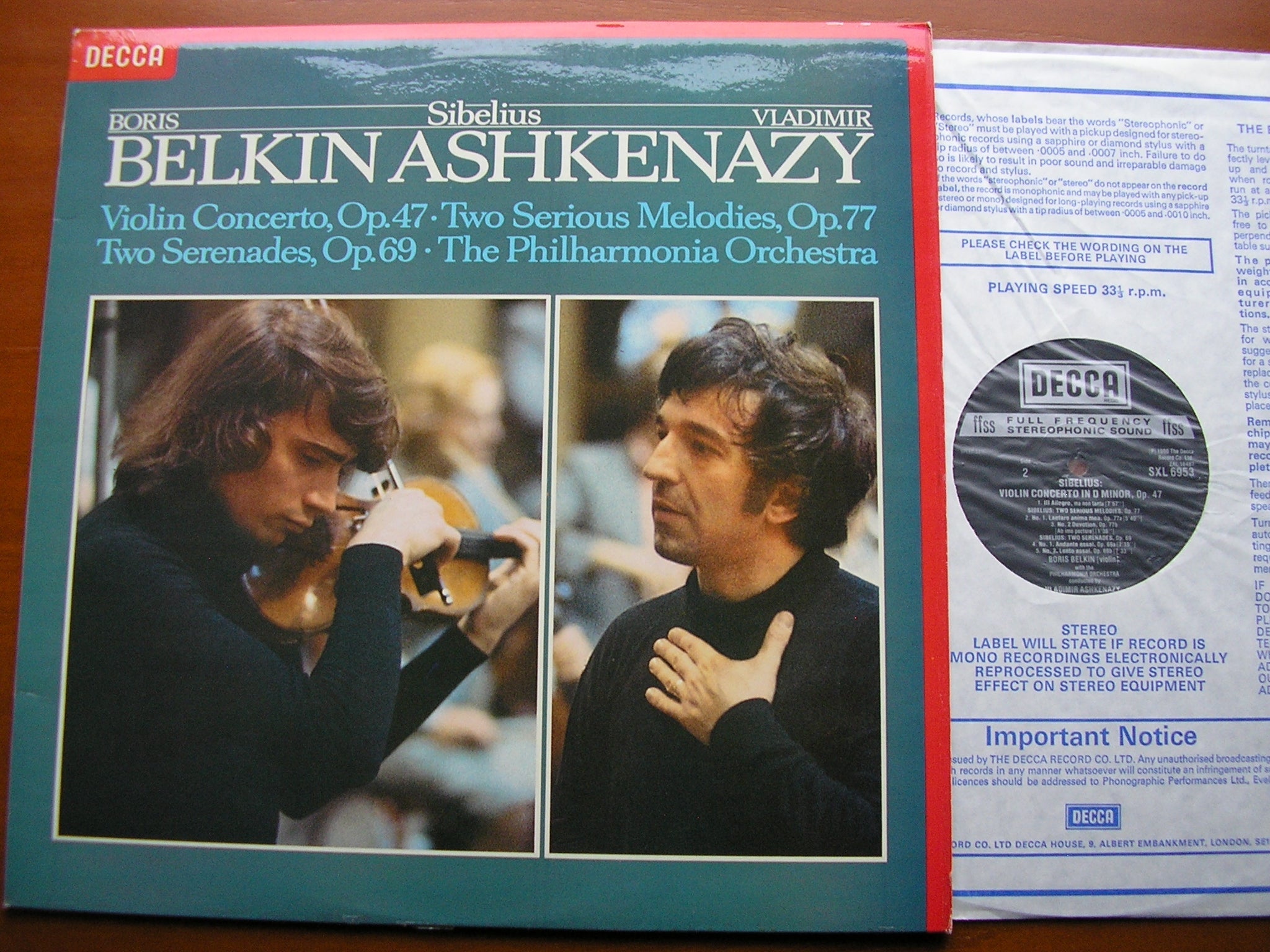 SXL 6953 SIBELIUS: VIOLIN CONCERTO / TWO SERENADES / TWO SERIOUS MELODIES BELKIN / PHILHARMONIA ORCHESTRA / ASHKENAZY