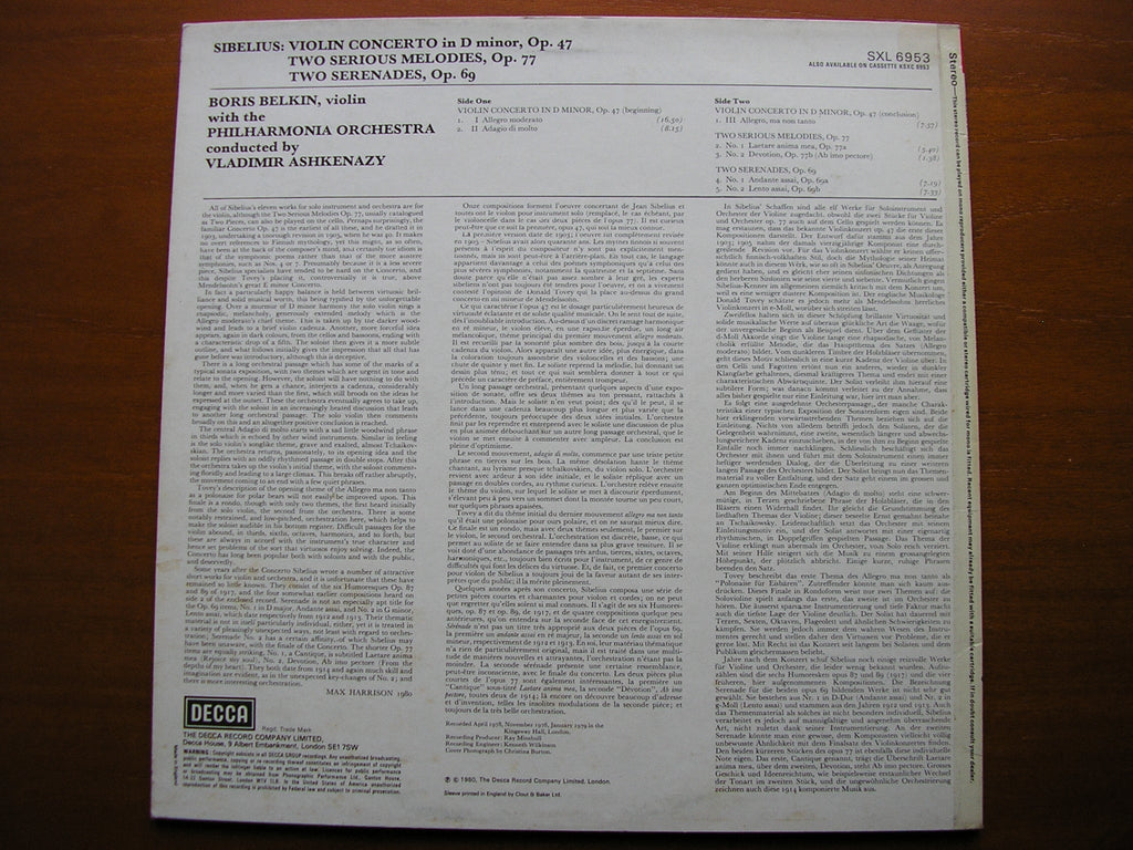 SXL 6953 SIBELIUS: VIOLIN CONCERTO / TWO SERENADES / TWO SERIOUS MELODIES BELKIN / PHILHARMONIA ORCHESTRA / ASHKENAZY