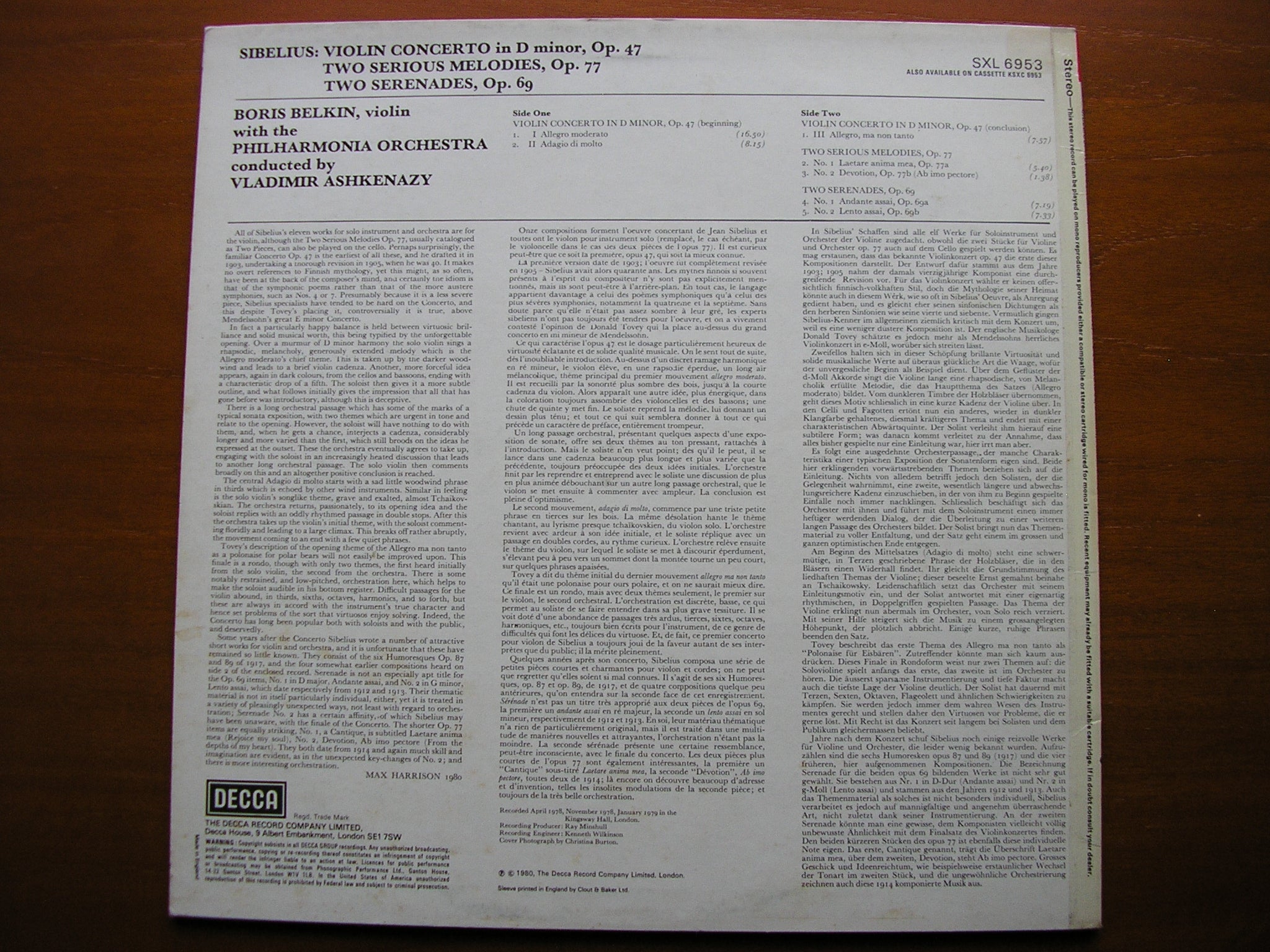 SXL 6953 SIBELIUS: VIOLIN CONCERTO / TWO SERENADES / TWO SERIOUS MELODIES BELKIN / PHILHARMONIA ORCHESTRA / ASHKENAZY