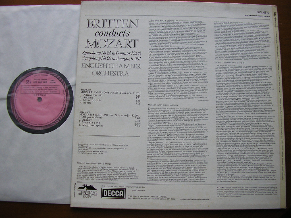 SXL 6879 MOZART: SYMPHONIES Nos. 25 & 29 BRITTEN / ENGLISH CHAMBER ORCHESTRA