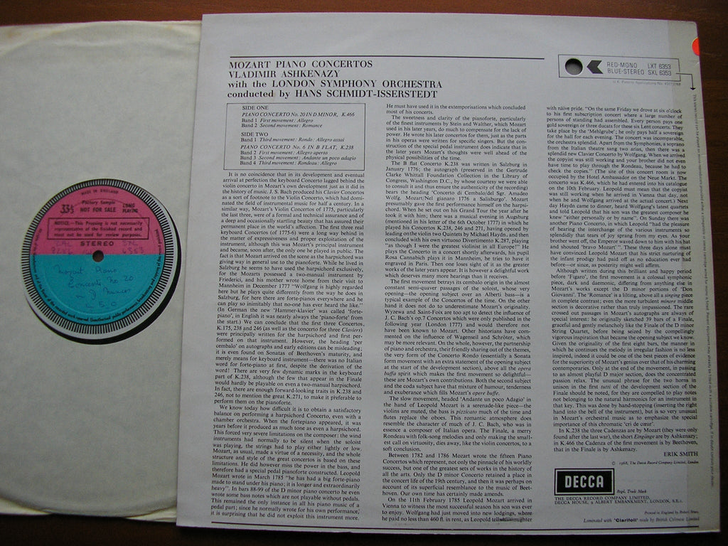 SXL 6353 MOZART: PIANO CONCERTOS Nos. 6 in B K238 & 20 in D K466 VLADIMIR ASHKENAZY / LONDON SYMPHONY ORCHESTRA / SCHMIDT - ISSERSTEDT