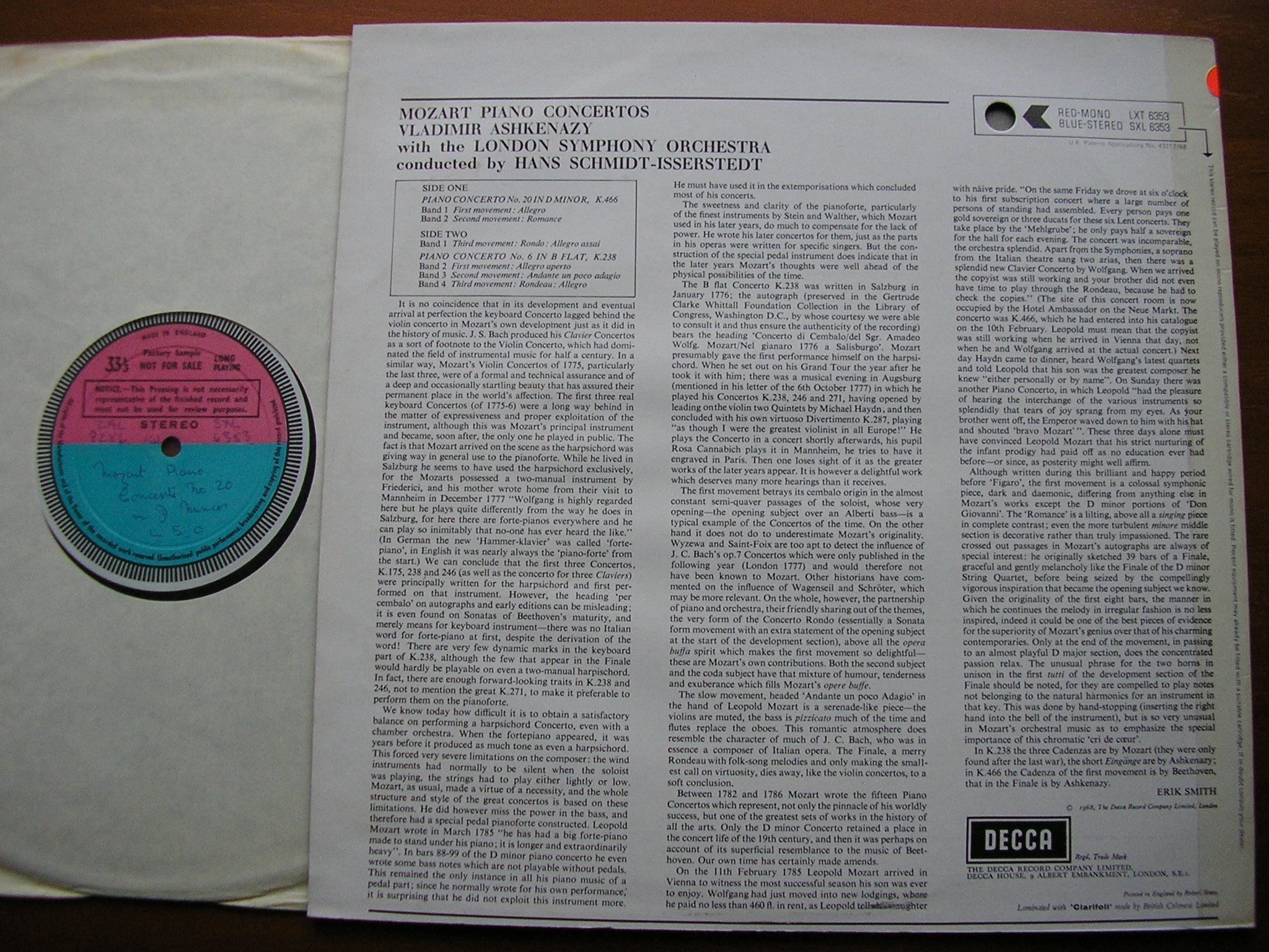 SXL 6353 MOZART: PIANO CONCERTOS Nos. 6 in B K238 & 20 in D K466 VLADIMIR ASHKENAZY / LONDON SYMPHONY ORCHESTRA / SCHMIDT - ISSERSTEDT