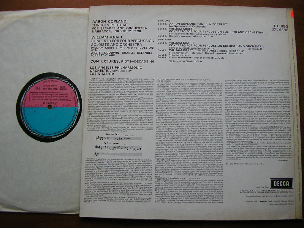 SXL 6388 COPLAND: LINCOLN PORTRAIT / KRAFT: CONTEXTURES / CONCERTO PECK / LOS ANGELES PHILHARMONIC / ZUBIN MEHTA