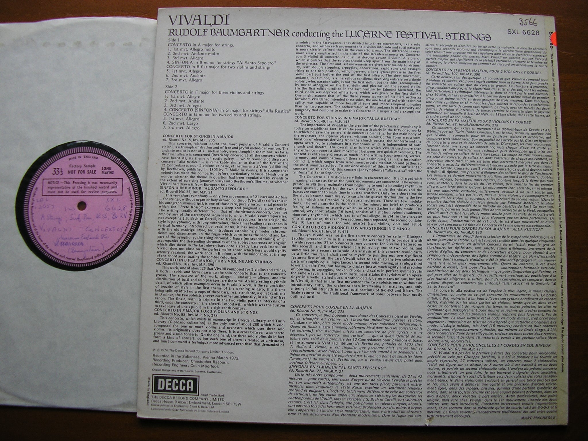 SXL 6628 VIVALDI: CONCERTI FOR STRINGS BAUMGARTNER / LUCERNE FESTIVAL STRINGS