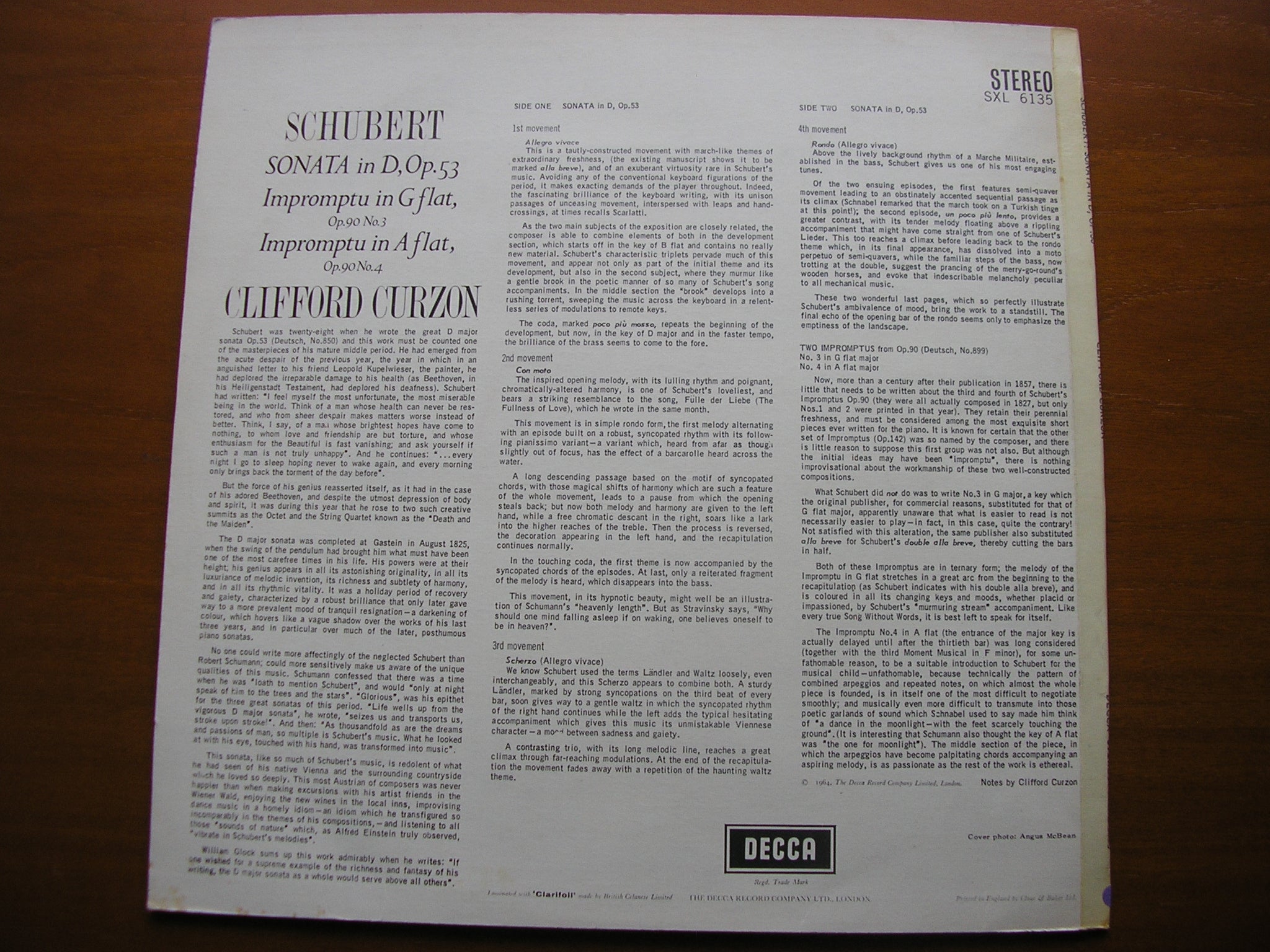 SXL 6135 SCHUBERT: SONATA in D Op. 53 / TWO IMPROMPTUS Op. 90 CLIFFORD CURZON
