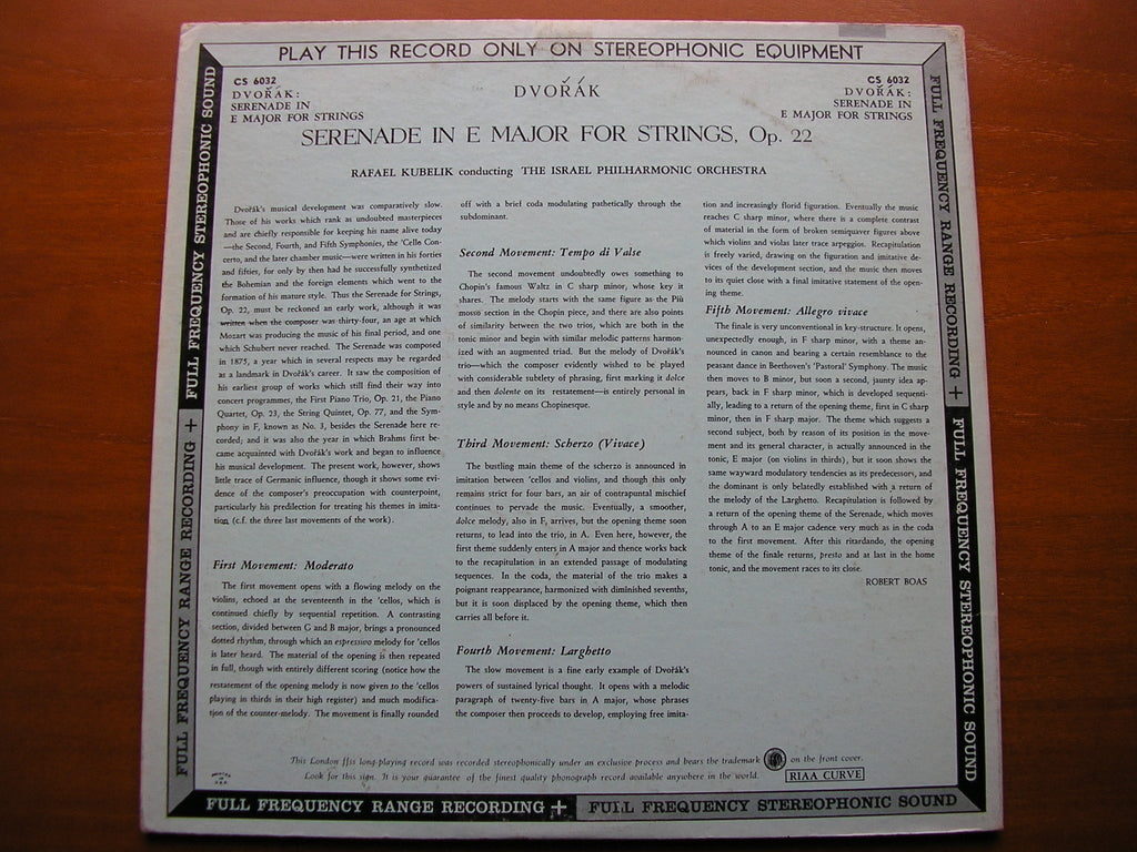 DVORAK: SERENADE FOR STRINGS     KUBELIK / ISRAEL PHILHARMONIC ORCHESTRA    CS 6032