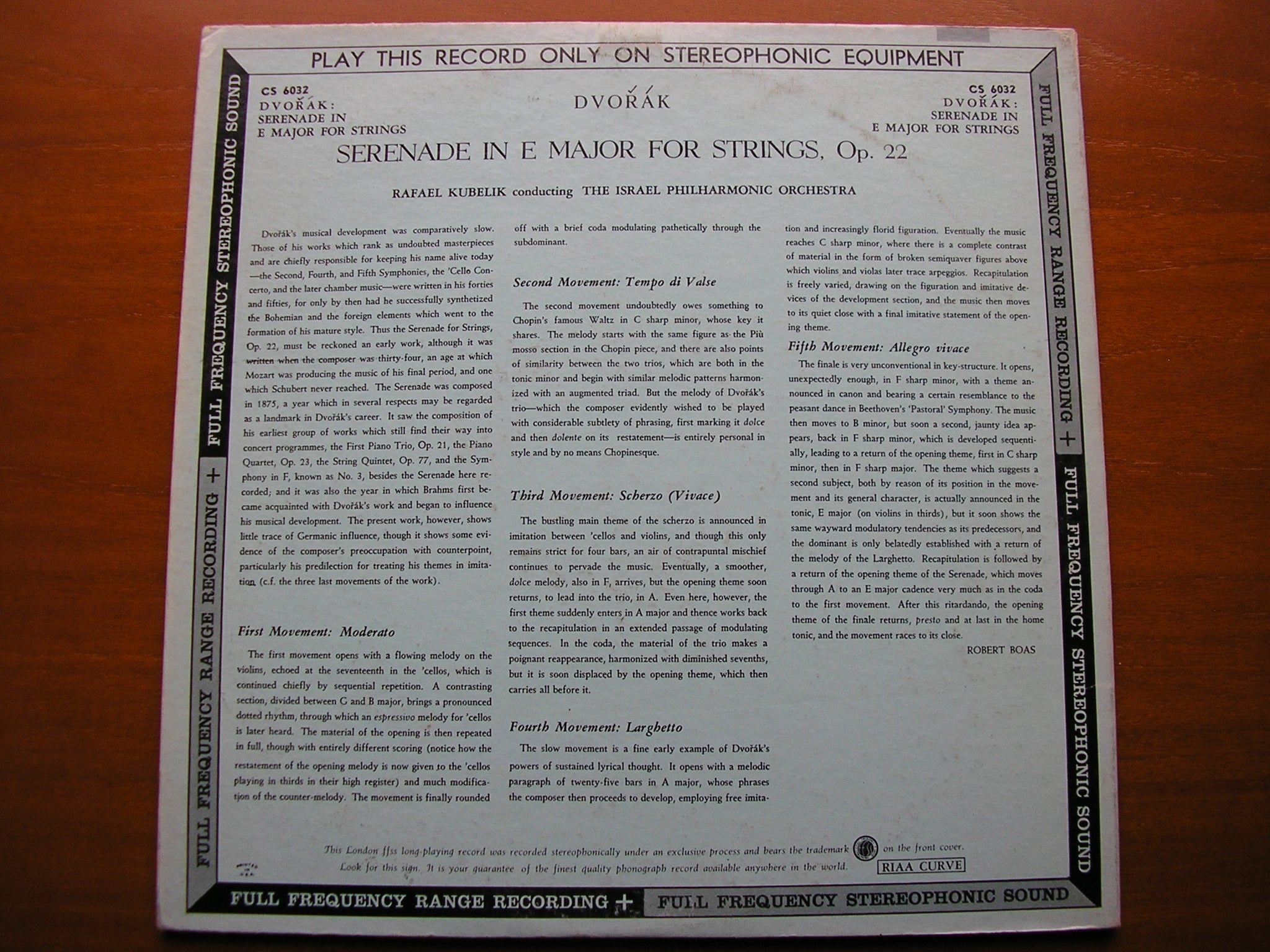 DVORAK: SERENADE FOR STRINGS     KUBELIK / ISRAEL PHILHARMONIC ORCHESTRA    CS 6032