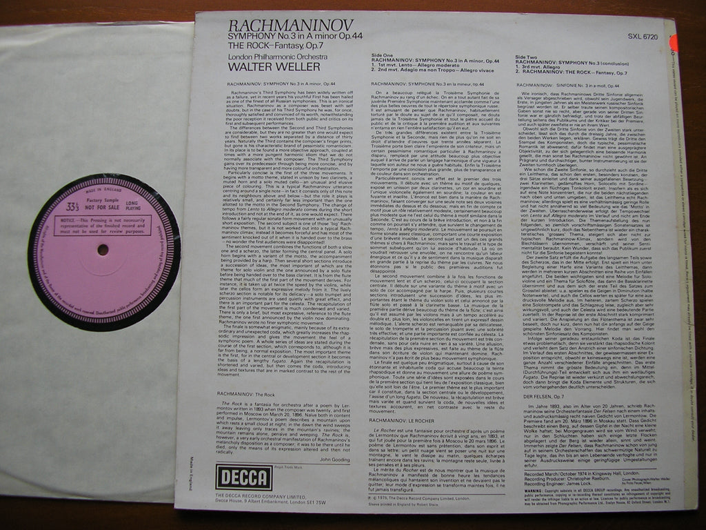 SXL 6720 RACHMANINOV: SYMPHONY No. 3 / THE ROCK WELLER / LONDON PHILHARMONIC