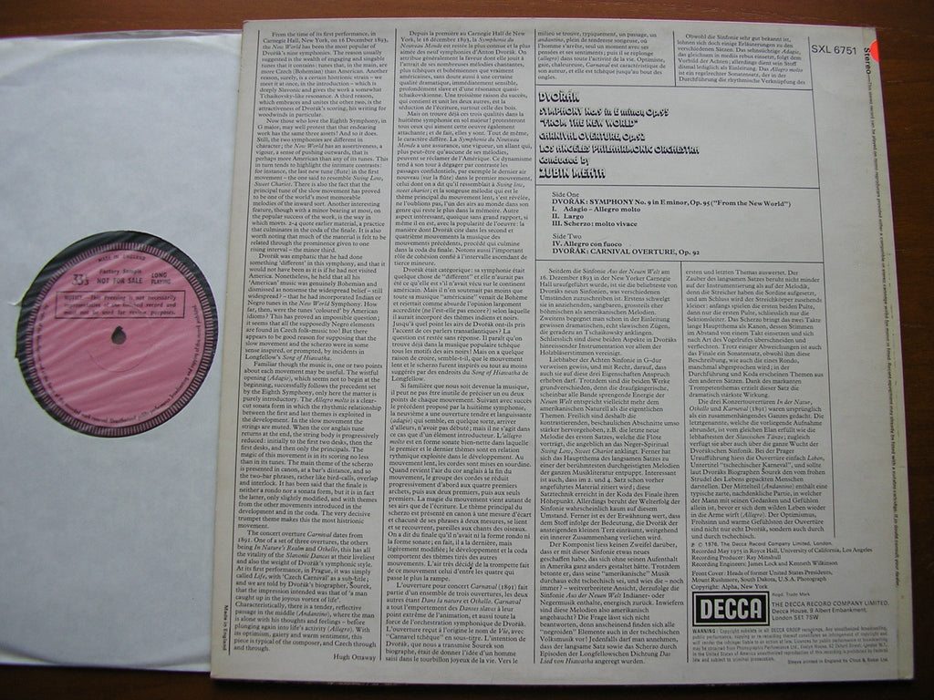 SXL 6751 DVORAK: SYMPHONY No. 9 / CARNIVAL OVERTURE ZUBIN MEHTA / LOS ANGELES PHILHARMONIC
