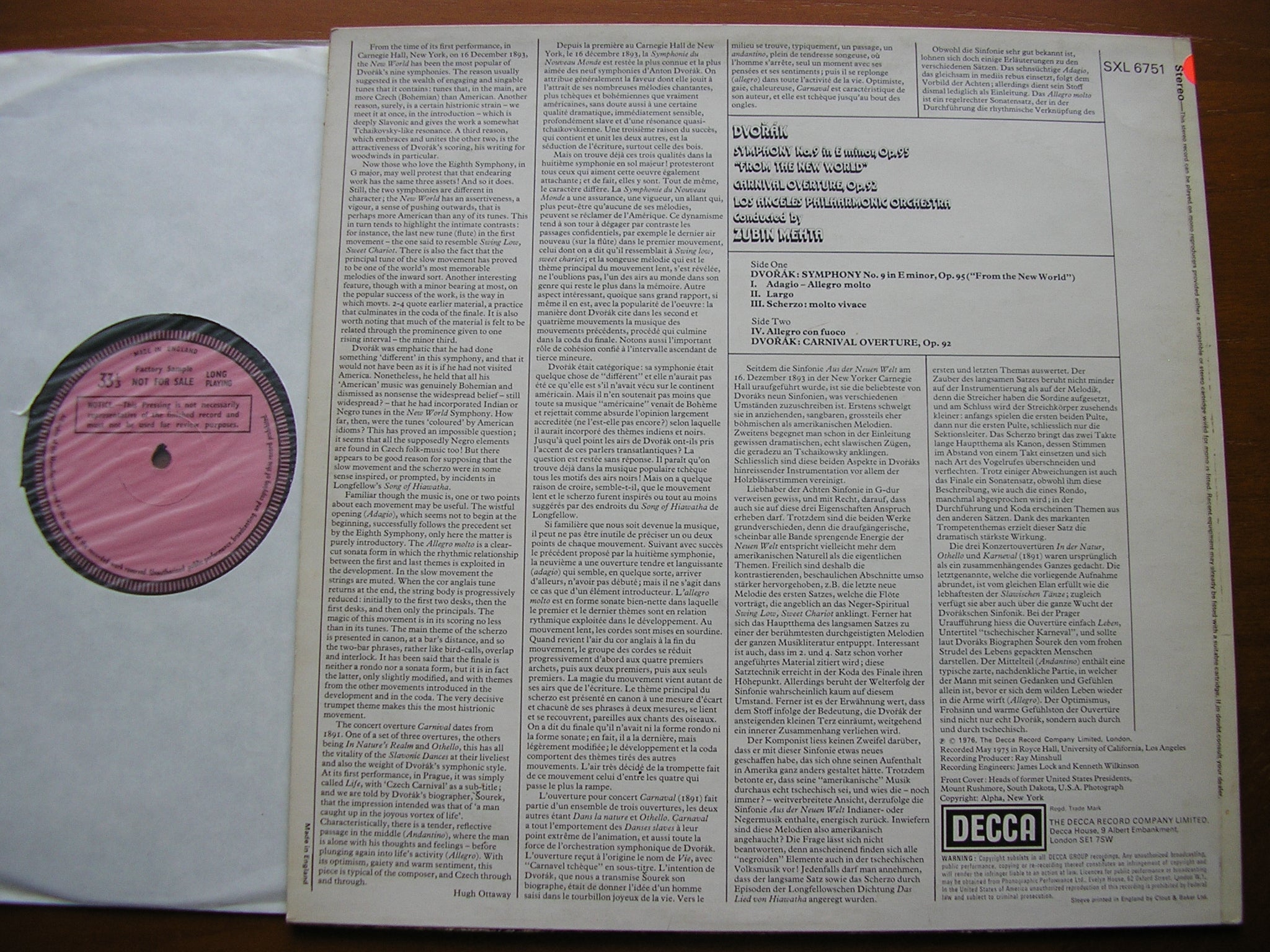 SXL 6751 DVORAK: SYMPHONY No. 9 / CARNIVAL OVERTURE ZUBIN MEHTA / LOS ANGELES PHILHARMONIC