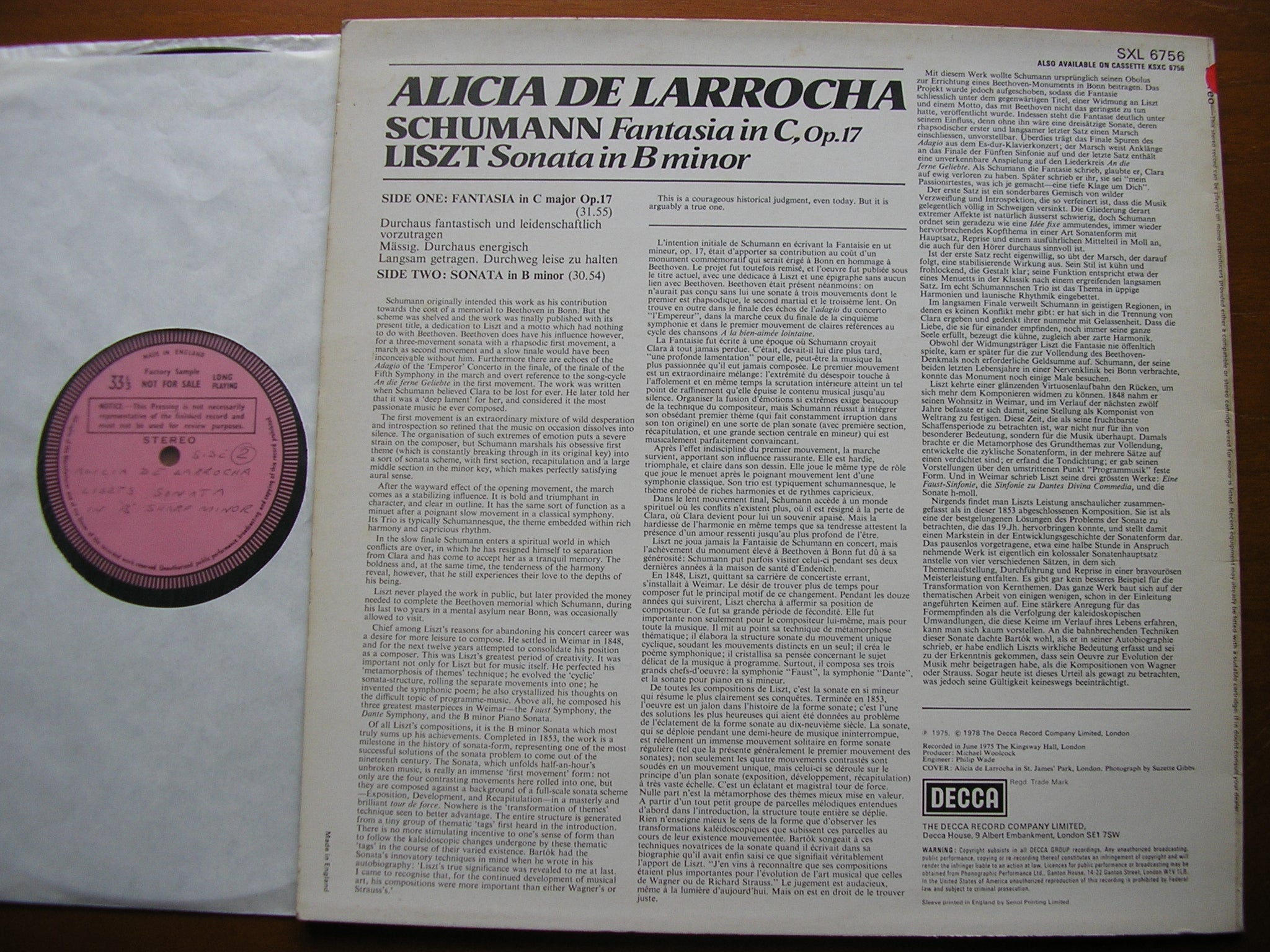SXL 6756 SCHUMANN: FANTASIA in C / LISZT: SONATA in B ALICIA DE LARROCHA
