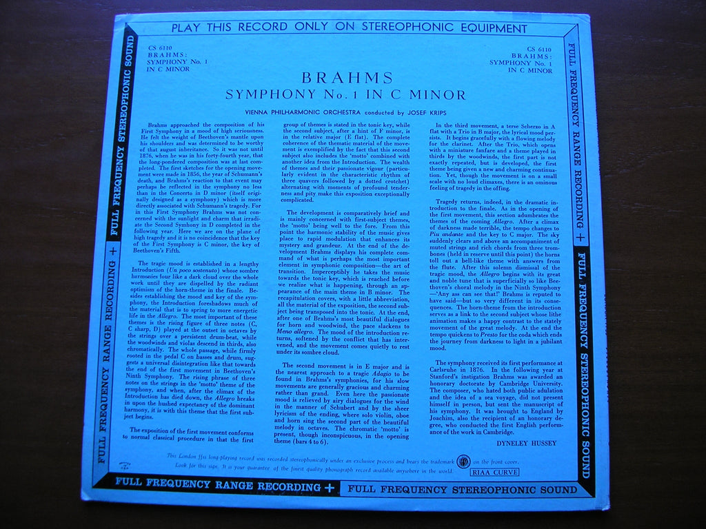 BRAHMS: SYMPHONY No. 1    KRIPS / VIENNA PHILHARMONIC     CS 6110