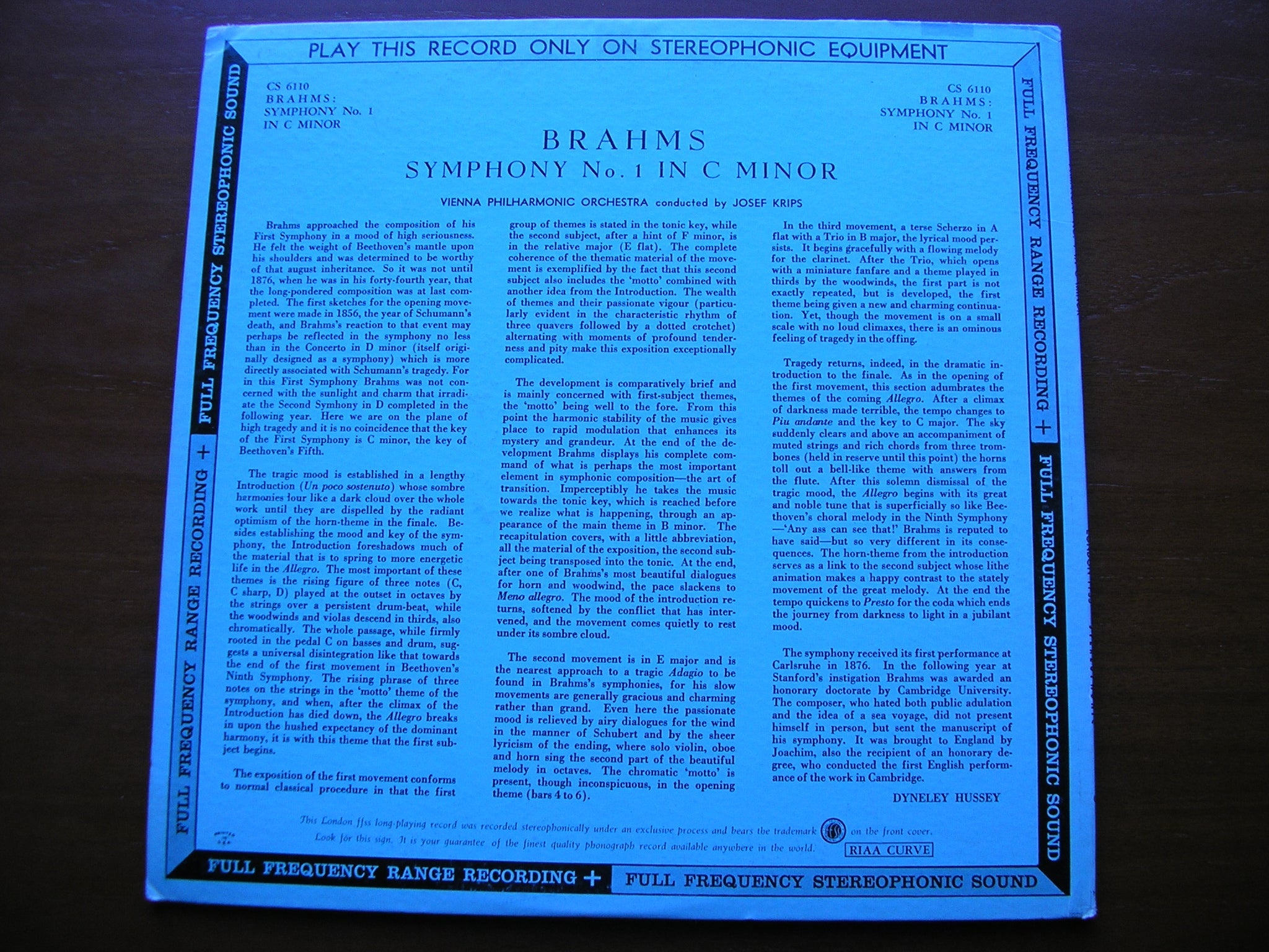 BRAHMS: SYMPHONY No. 1    KRIPS / VIENNA PHILHARMONIC     CS 6110
