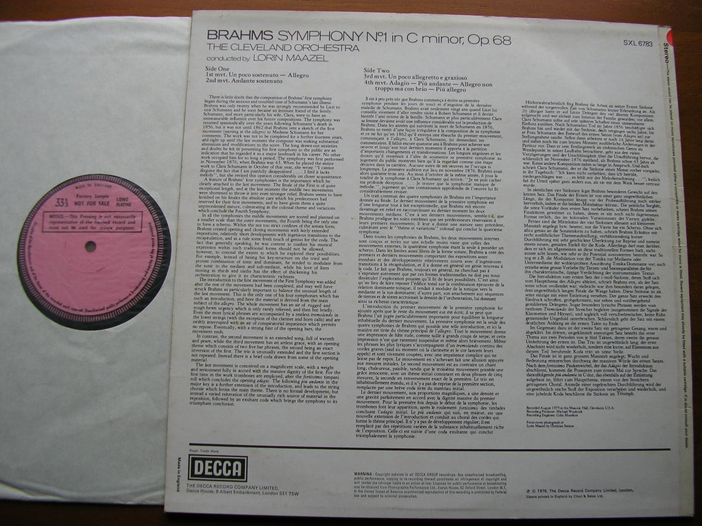 SXL 6783 BRAHMS: SYMPHONY No.1 MAAZEL / CLEVELAND ORCHESTRA