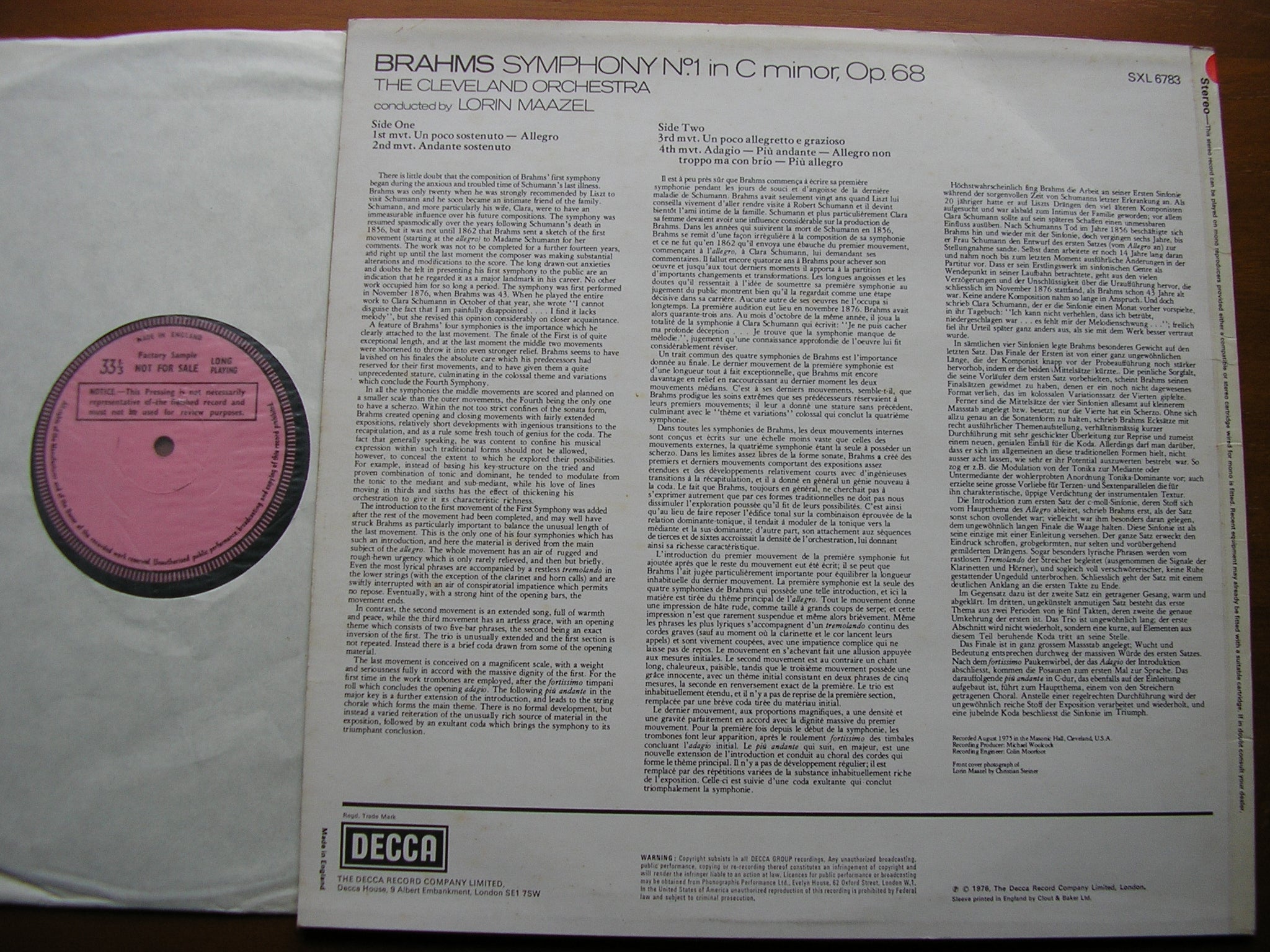 SXL 6783 BRAHMS: SYMPHONY No.1 MAAZEL / CLEVELAND ORCHESTRA