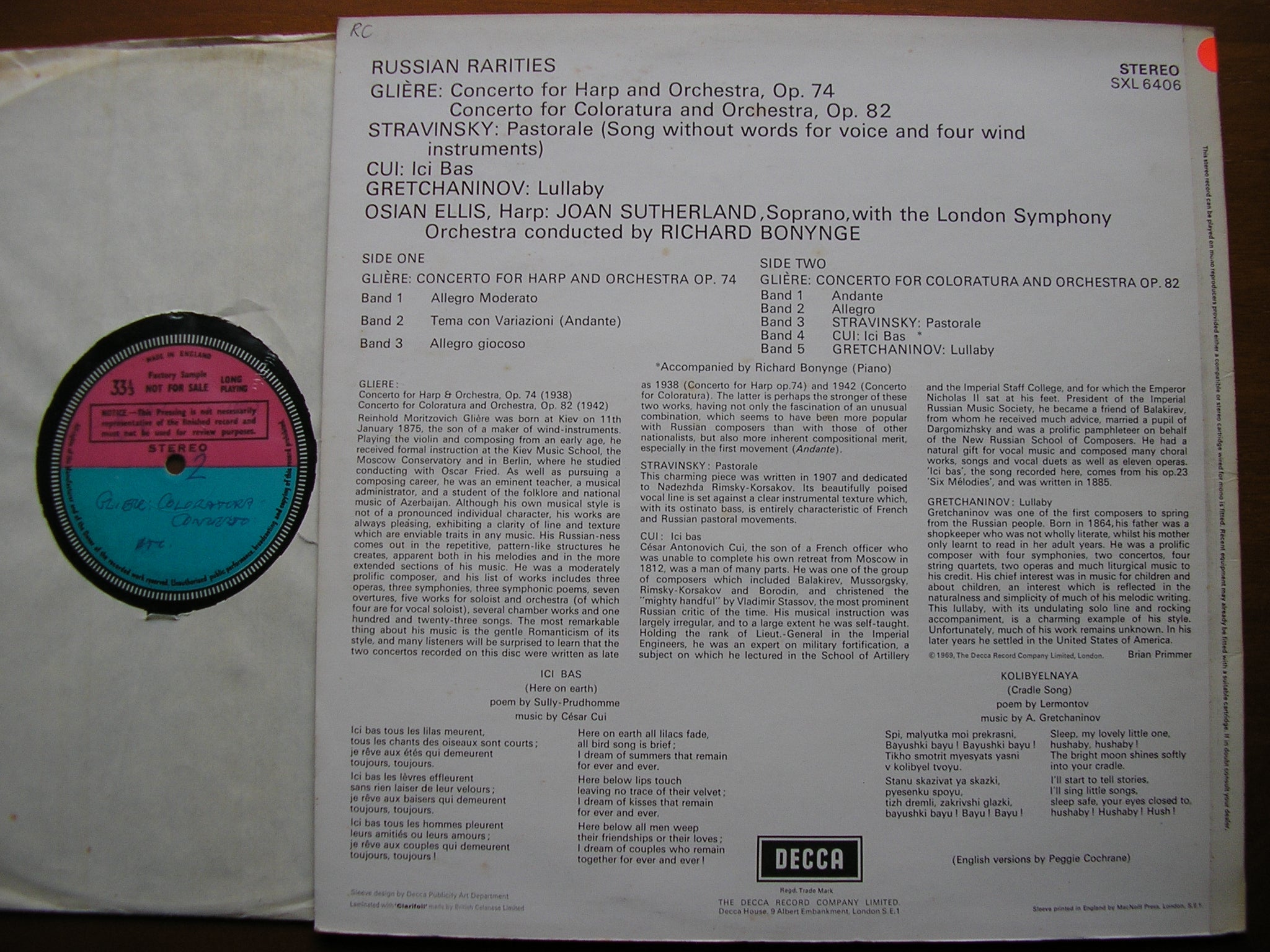 SXL 6406 RUSSIAN RARITIES: GLIERE / STRAVINSKY / CUI / GRETCHANINOV SUTHERLAND / ELLIS / LONDON SYMPHONY / BONYNGE