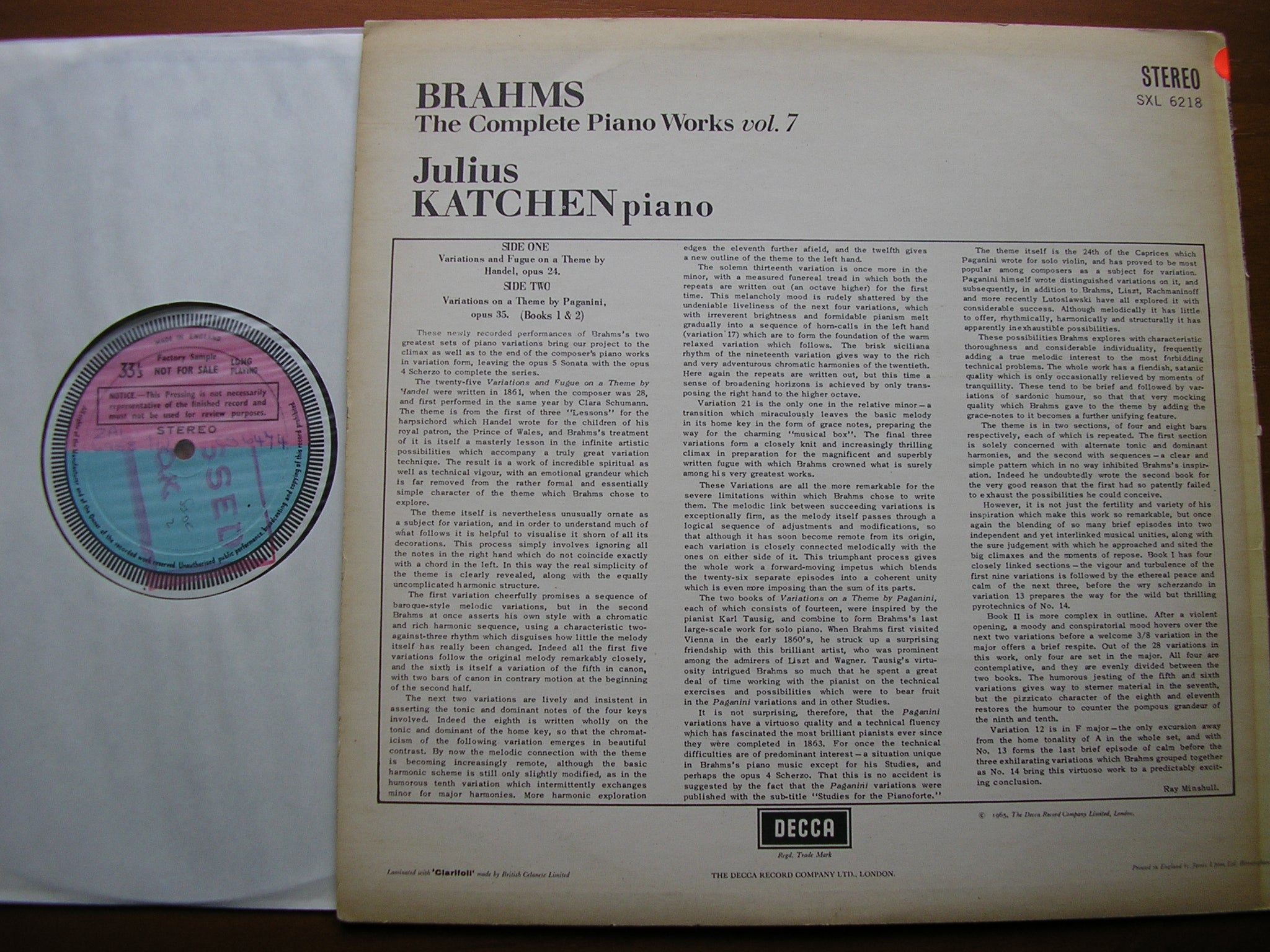 SXL 6218 BRAHMS: HANDEL VARIATIONS Op. 24 / PAGANINI VARIATIONS Op. 35 JULIUS KATCHEN