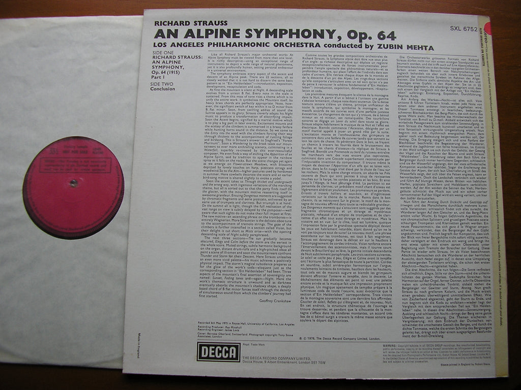 SXL 6752 STRAUSS: AN ALPINE SYMPHONY MEHTA / LOS ANGELES PHILHARMONIC